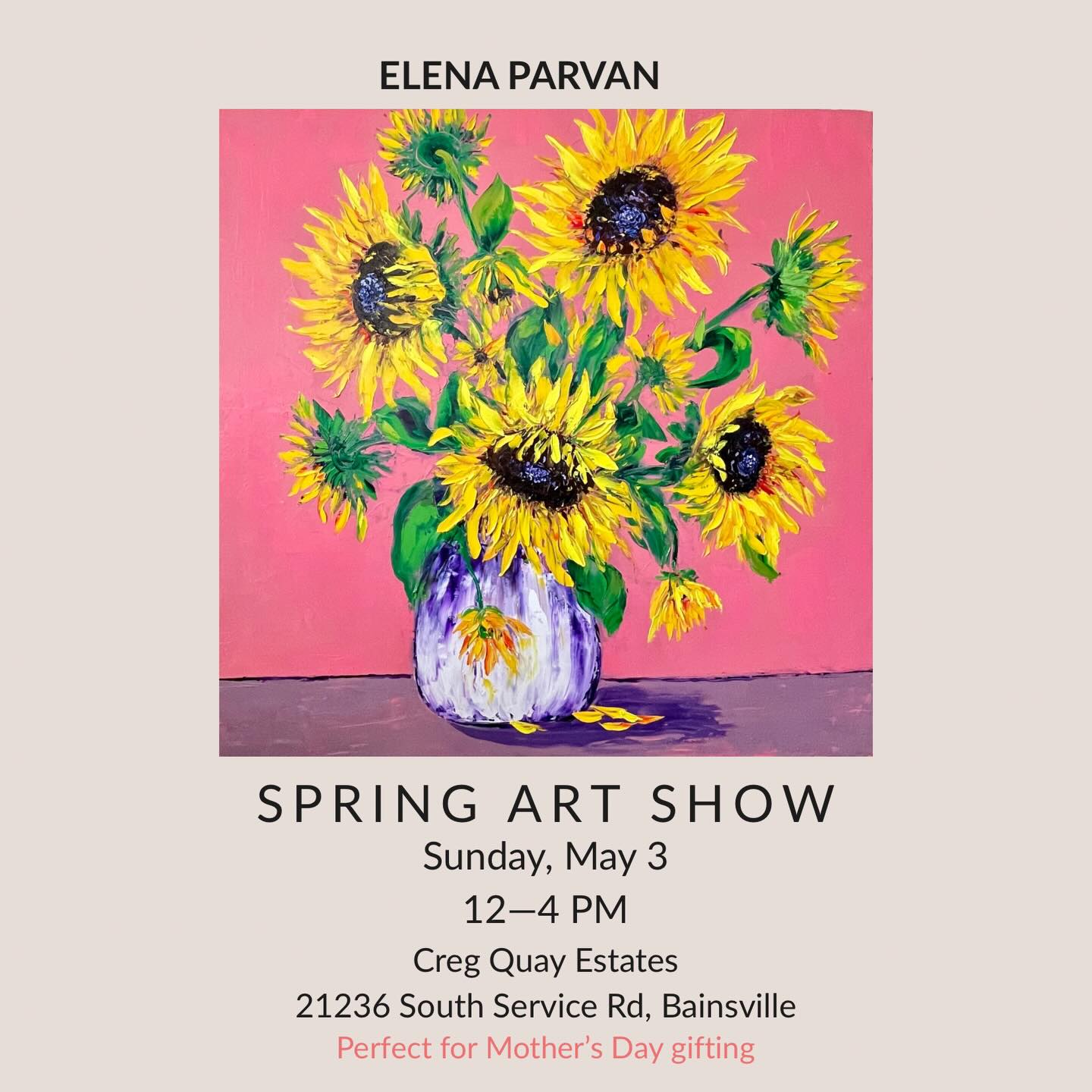 Hello everyone in the area,
I’m hosting a small Spring Art Show 🌸
Sunday, May 3
12–4 PM
Bainsville, Ontario
Original paintings and small pieces available
Perfect for Mother’s Day gifting 💛
It’s a relaxed, one-day show — I’d love to see you there
Follow along:
Instagram: @_parvan_art
Facebook: Elena Parvan Art
#canadianartist
#ontarioartist
#originalart
#oilpainting
#paletteknifepainting
floralart
artforsale
artshow
mothersdaygift