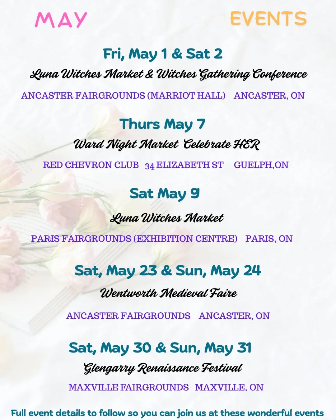 Join us at one or all of these fantastic events we will be vending in May
#witchyvibe #medieval #medievaltimes #mothersday #markets