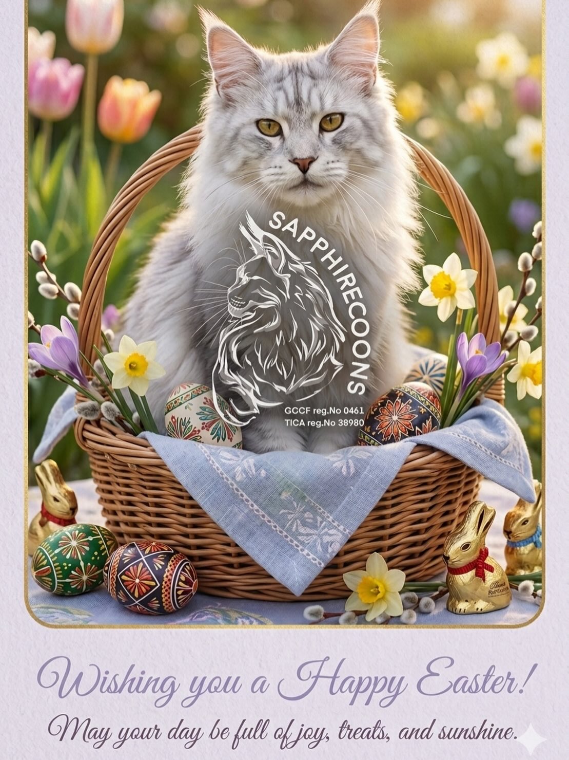 A huge Happy Easter to our entire SapphireCoons community - from the families who have opened their hearts to our cats, to all our lovely followers! 💐🐾
May this season of renewal bring you fresh hope, lots of happiness, and some sweet moments of peace. Here’s hoping your Easter is filled with delicious treats (and maybe a few stray cat toys under the sofa!).😘
Thank you for being part of our story.
Hoppy Easter everyone! 🐇🐥
With warm wishes,
Benia at SapphireCoons😘❤️
#gccf #sapphirecoons #mainecoon #happyeaster