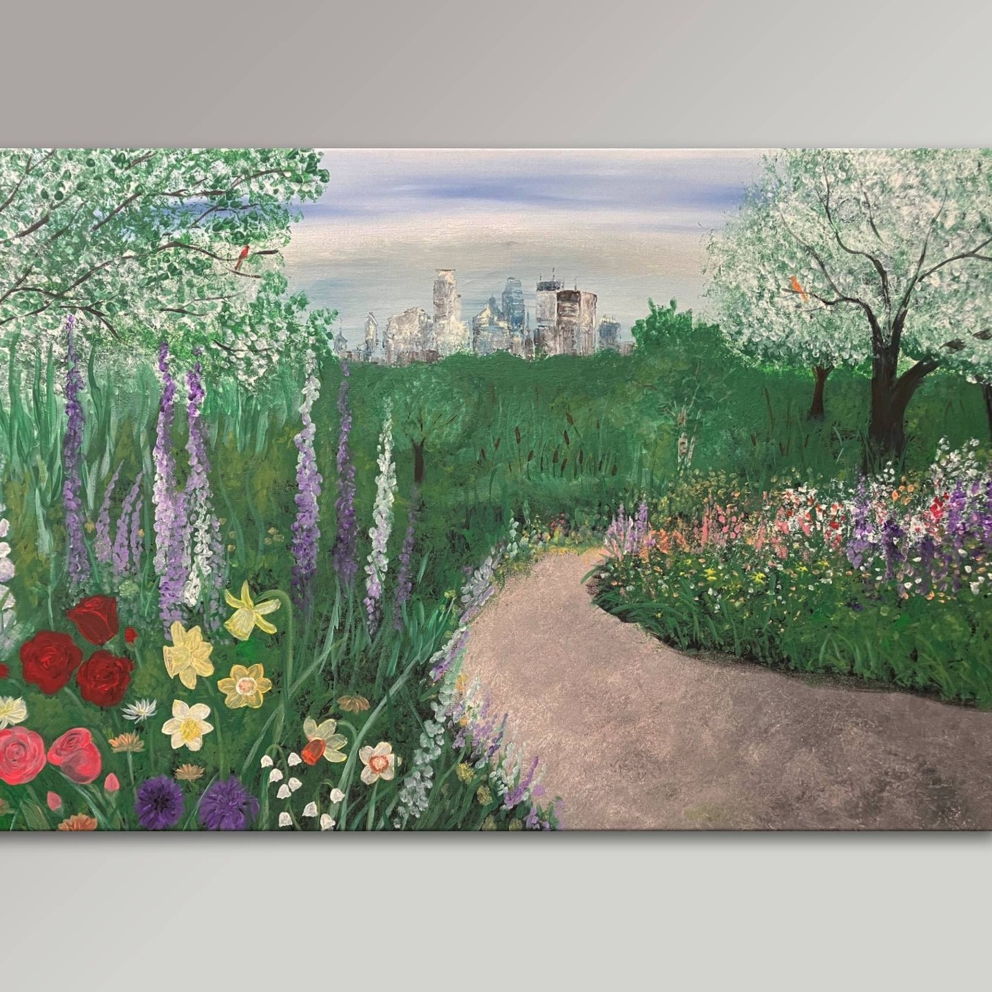 A lovely collector who bought his first painting back in 2009 contacted me to create a custom painting for his wife's birthday - he wanted to capture their walking trail, the city skyline, a couple of cardinals, and the birth flowers of their family. It was so much fun to paint!! www.KellyAnneDesigns.com
#custompainting #canadianartist #customartwork #KellyAnneDesigns #YXEart ##cityscape #walkingtrail #flowers #birthflowers #rose #lilyofthevalley #daffodil #chrysanthemum #hawthorne #cardinals #birthdaygift #birthdaygiftideas