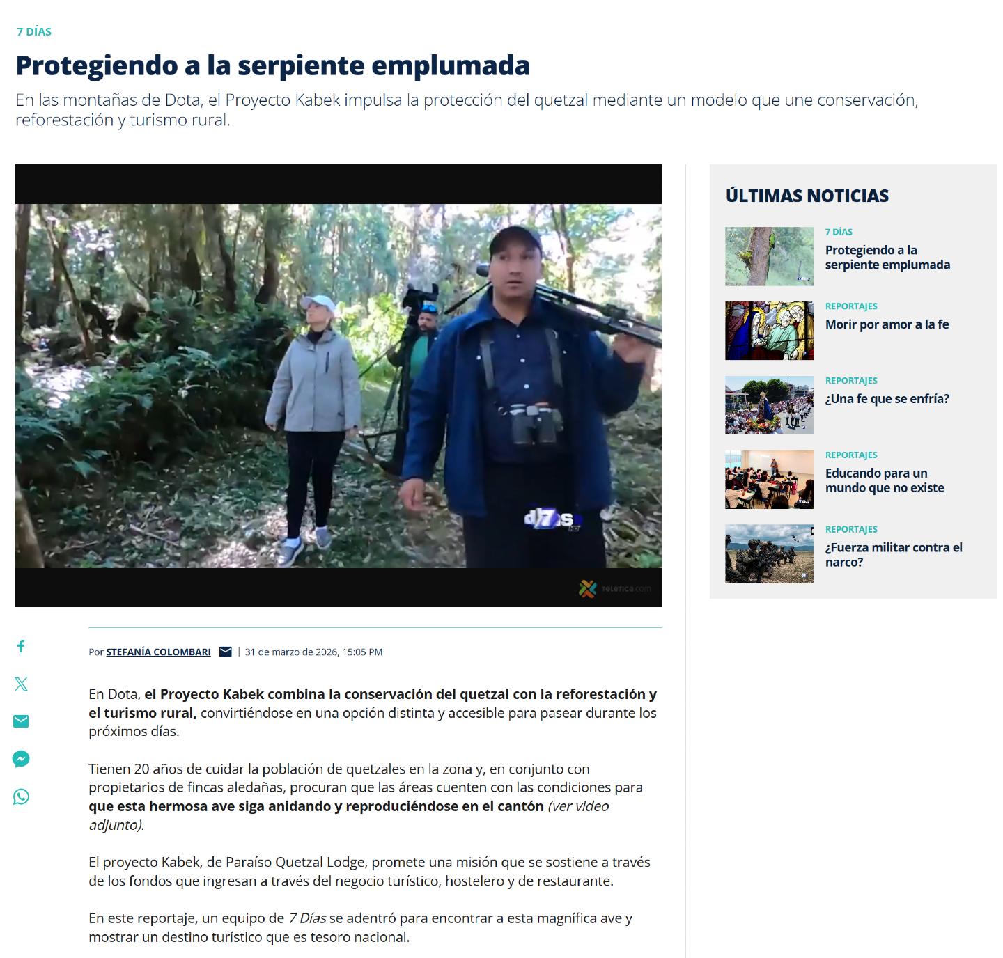 ¡Nuestra labor de conservación llegó a las pantallas de 7 Días! 🎥✨
Nos llena de emoción compartir con ustedes el reportaje "Protegiendo a la serpiente emplumada", una mirada profunda al esfuerzo que realizamos en Dota por cuidar al majestuoso Quetzal y su hábitat.
Queremos expresar nuestro más sincero agradecimiento a todas las familias de la zona que nos abren las puertas de sus fincas para el monitoreo, a nuestros guías por su conocimiento experto, a los visitantes que nos apoyan con su turismo responsable y, por supuesto, al equipo de 7 Días (@teletica) por este impecable trabajo periodístico y a Dinorah Graue por tomarnos en cuenta. 💚🌱
La conservación es una tarea de todos, y ver estos resultados nos motiva a seguir protegiendo este bosque nuboso.
Mira el reportaje completo en el enlace en la bio
#ParaisoQuetzalLodge #7Dias #Conservacion #Dota #CostaRica #ProyectoKabek #Quetzal #DinorahGraue #NaturalezaViva