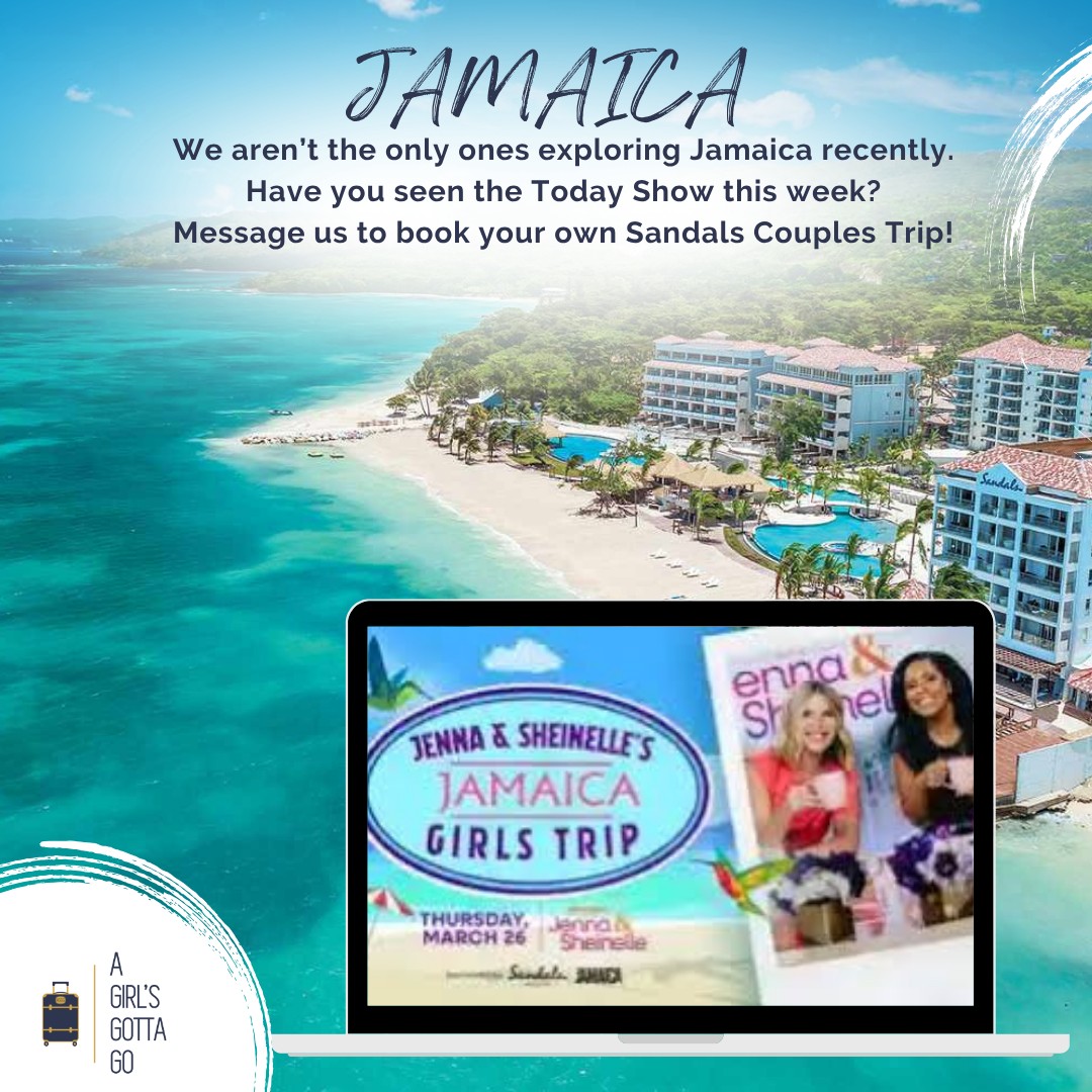 🌴✨ Still dreaming of Jamaica? ✨🌴
Have you been following Jenna Bush Hager and Sheinelle Jones on their girls' trip to Jamaica on the Today show this week? 🇯🇲
Their sun-soaked getaway was filmed at the stunning Sandals Dunn River property. They showed exactly why Jamaica is the perfect mix of relaxation, luxury, and fun.
If you’re feeling inspired and ready to plan your own escape…
📩 Message A Girl’s Gotta Go and let’s make it happen!
#AGirlsGottaGo #Jamaica #SandalsResorts #GirlsTrip #TodayShow #TravelInspo #CaribbeanVibes