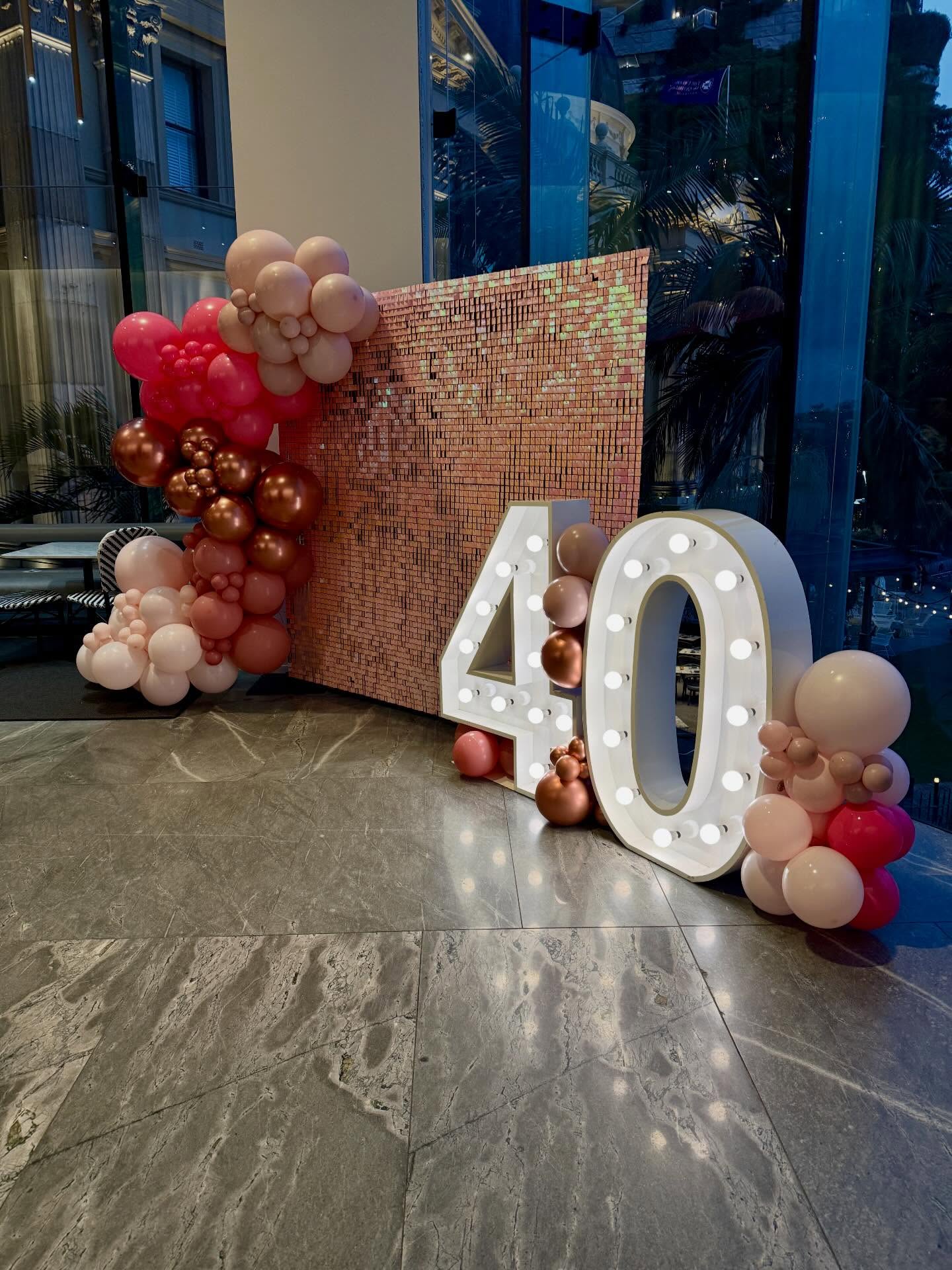 40th birthday party in pink 💖 @barpacino Story Bridge Room
Pink shimmer wall, balloons & 40 1.2m light up numbers @biglightletters