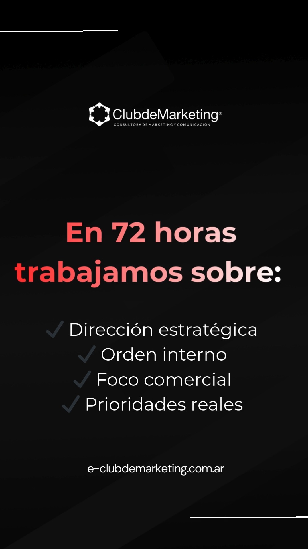 La Transformación PyME en 72 horas es una intervención intensiva donde trabajamos sobre lo que realmente impacta: rumbo, estructura y foco comercial.
En 3 días podés ordenar lo que hace años se viene postergando.
No es magia.
Es método, experiencia y ejecución.
💬 ¿Tu PyME está lista para dar el siguiente paso?
Consultanos.
www.e-clubdemarketing.com.ar/transformacion-pyme-72h
#TransformaciónPyME #EstrategiaEmpresarial #CrecimientoPyME #DirecciónEstratégica #ClubDeMarketing