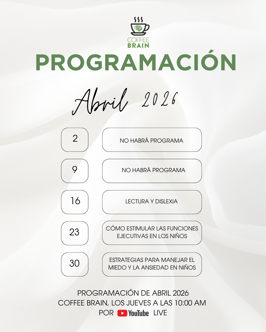 Nos tomamos una pausa… y volvemos el 16 de abril.
Regresamos con nuevas conversaciones sobre aprendizaje, desarrollo y salud emocional en la infancia, desde una mirada profesional y cercana.
Acompáñanos todos los jueves a las 10:00 a.m. en YouTube Live.
Más información: https://f.mtr.cool/aqykwtednq
#CoffeeBrain #SaludMental #Infancia