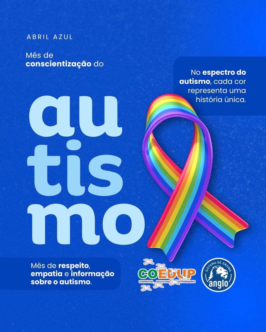 Abril Azul
O Transtorno do Espectro Autista (TEA) nos ensina que cada pessoa tem seu jeito único de ver, sentir e interagir com o mundo.
Conscientizar é respeitar, incluir e acolher.
Vamos juntos construir um mundo mais acessível, respeitoso e cheio de possibilidades para todos!
#abrilazul #autismo #respeito #empatia #diversidade