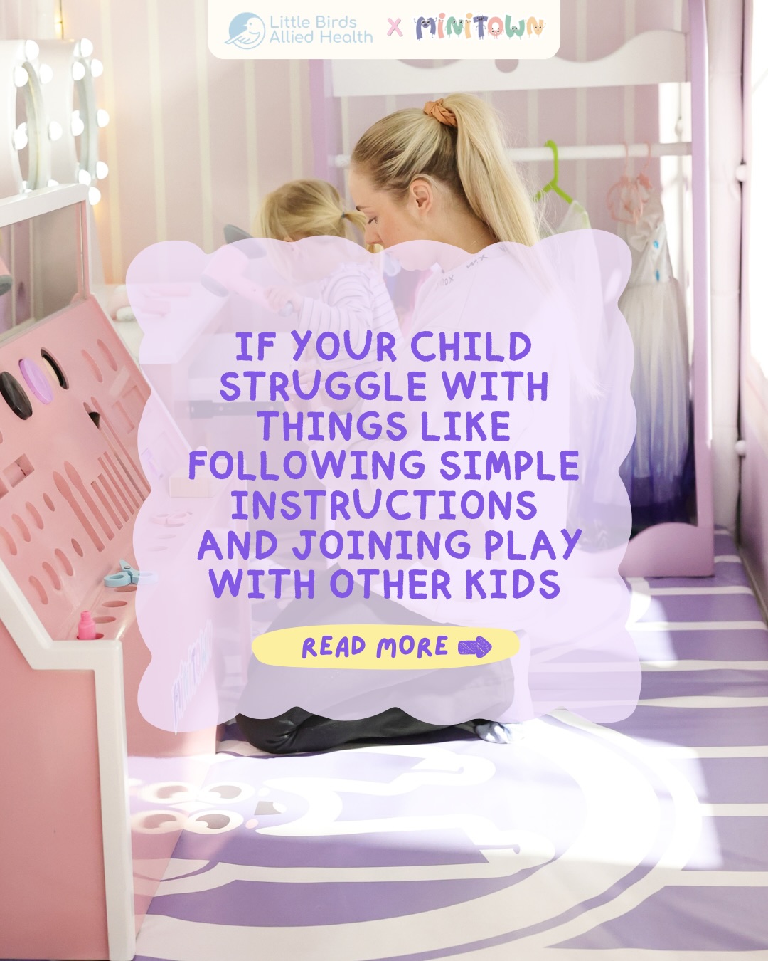 A small-group, play-based program designed to support your child’s:
🗣️ Communication
🤝 Social skills
🌱 Confidence & participation
🎲 Play skills
All happening inside MiniTown, a safe, real-world play environment where kids can explore, imagine, and learn ✨
🗓️ Fridays (8 weeks)
May 1, 8, 15, 22, 29
June 5, 12, 19
⏰ 12:15 PM – 1:15 PM
📍 MiniTown Kids, Nunawading
Led by experienced @little_birds_allied_health clinicians, with each session building gently on your child’s development 💛
👉 No referral required
🧾 NDIS funding may be used for eligible participants
✨ We’re currently accepting Expressions of Interest (EOI)
Submitting an EOI doesn’t lock you in, it simply helps us see if there’s enough interest to run the program
✨ Spots will be limited to keep groups supportive and meaningful
👉 Comment THERAPY for more details! 😊
#minitownkids #playtherapy #ndis #indoorplayground #melbournemums