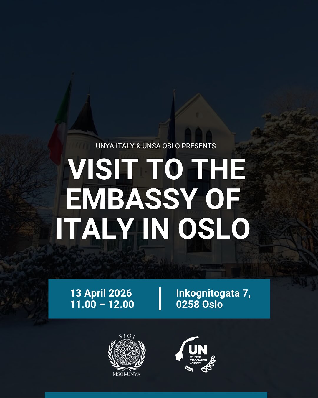 🇮🇹🇳🇴 Join us for a unique institutional visit to the Italian Embassy in Oslo!
Together with UNYA Italy, UNSA Oslo invites you to meet Ambassador Stefano Nicoletti and engage in a dialogue on Italy–Norway relations, Arctic governance, security challenges, and youth in diplomacy.
🗣️ Speakers: Ambassador Stefano Nicoletti and Counsellor Luca Fraticelli
📍 Inkognitogata 7, 0258 Oslo
📅 Monday, 13 April - 11:00 to 12:00
⏳ Registration deadline: Wednesday April 8, 23:59
You can find the link to the registration form in our bios.
We look forward to seeing you in Oslo ✨