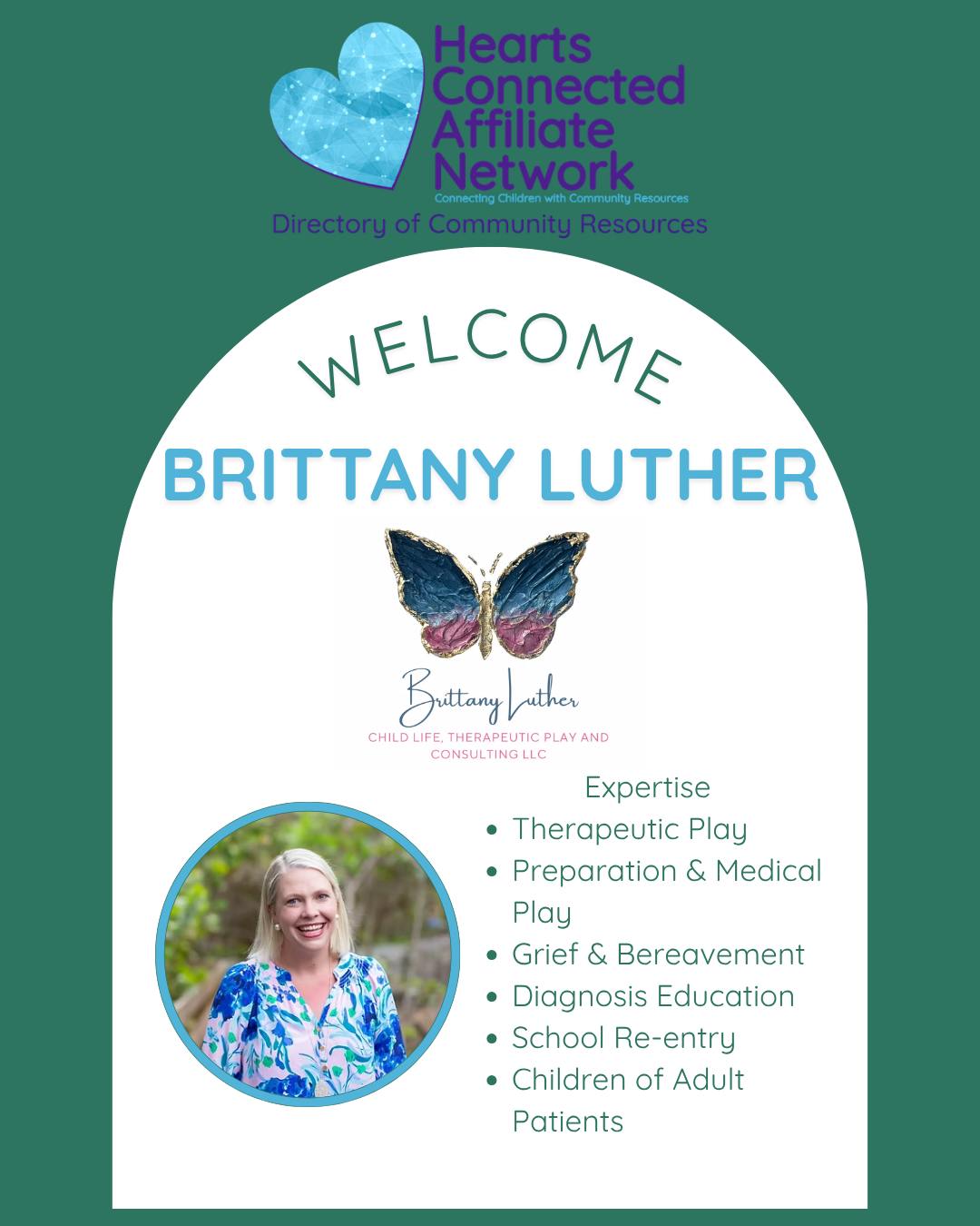 🌟 Meet a Member Monday 🌟
💖The Hearts Connected Affiliate Network Directory for community based child life specialists is growing!
👋🏽Say hello to Brittany Luther, a Certified Child Life Specialist and founder of Brittany Luther, Child Life, Therapeutic Play and Consulting based in Charlotte, NC!
🏢Practice Details:
-Mecklenburg County and Surrounding Areas
-In-Person
-Virtual
📌Expertise
-Therapeutic Play, Emotional Expression and Creative Art
-Procedural, Surgery Preparation and Medical Play
-Anticipatory Grief support, Legacy creation and Grief / Bereavement Services
-Diagnosis Education and School Re-Entry Support
-Illness or Injury of a Parent (Wonders & Worries Provider)
Details on HCAN Director for Community Based CCLS in Bio!
#childlifespecialists #communitybased #meetamembermonday