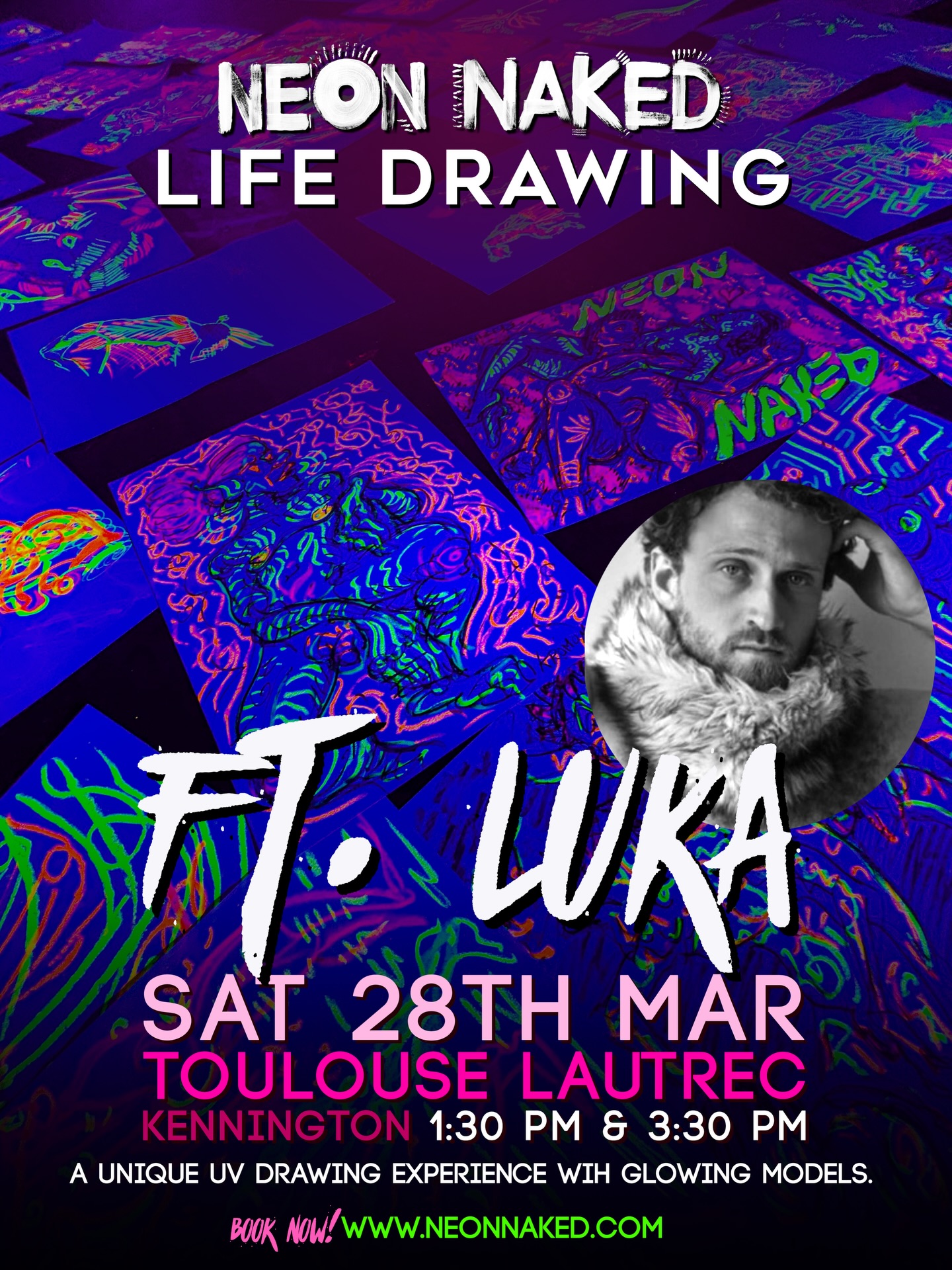 This Saturday — don’t miss it. Two chances to catch the incredible @l.vardiashvili posing in the glow! 🔥
Join us at @toulouse.london for a unique UV life drawing experience with glowing models and unreal energy.
🗓 Sat 28th March
⏰ 1:30PM & 3:30PM
🎨 All art supplies provided
🖤 Beginner-friendly — no experience needed
⚠️ Limited spots
🎟 Book now: www.neonnaked.com
Bring a mate, bring a date, or roll solo and get creative.
#LondonEvents #Kennington #LifeDrawingLondon #WhatsOnLondon #ArtEventsLondo