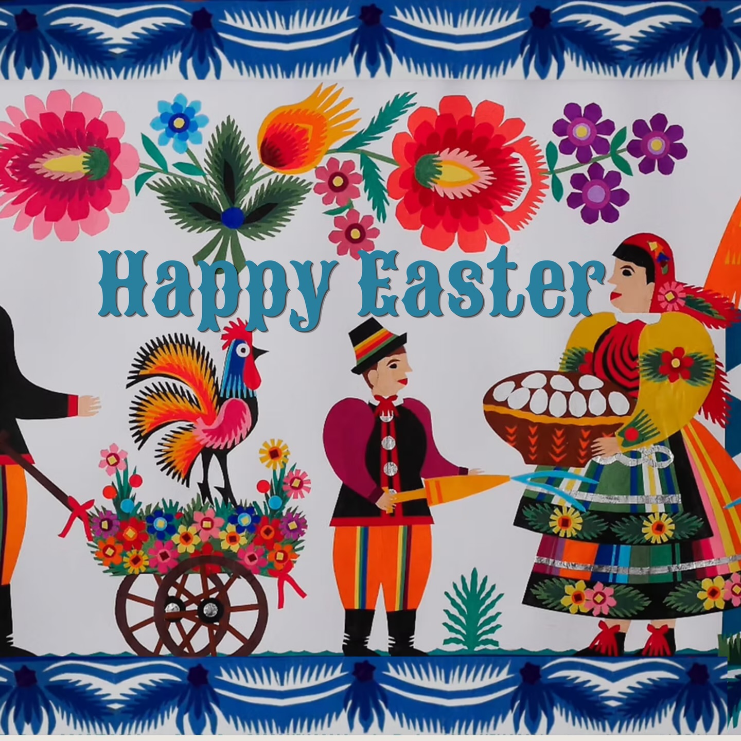 Happy Easter to all you FuzzypegFolks.
Hope you have as much fun as the folk in this Polish wycinanki kodra!
This beautiful and intricate papercut collage picture, typical of the Lowicz area, has been made by hand by the brilliant folk artist, Maria Ciechańska.
It shows a Polish Easter Monday tradition - Śmigus dyngus - which bizarrely involves people throwing huge amounts of water at each other. The tradition most likely goes back to the 14th century, but perhaps also has pre-Christian origins connected to the March equinox and the coming of spring, water being a symbol of life and renewal.
This is just an excerpt of the full picture which is framed and for sale in my shop and on my website. Annoyingly I could only squeeze a bit of it onto this post unless I shrank it onto a depressing sea of black background. Tap the product icon thing to see the whole scene.
Am open on Easter Monday but, if you visit, I promise I won’t throw water at you..just lots of colour
#smigysdyngus #polishtraditions #easterfun