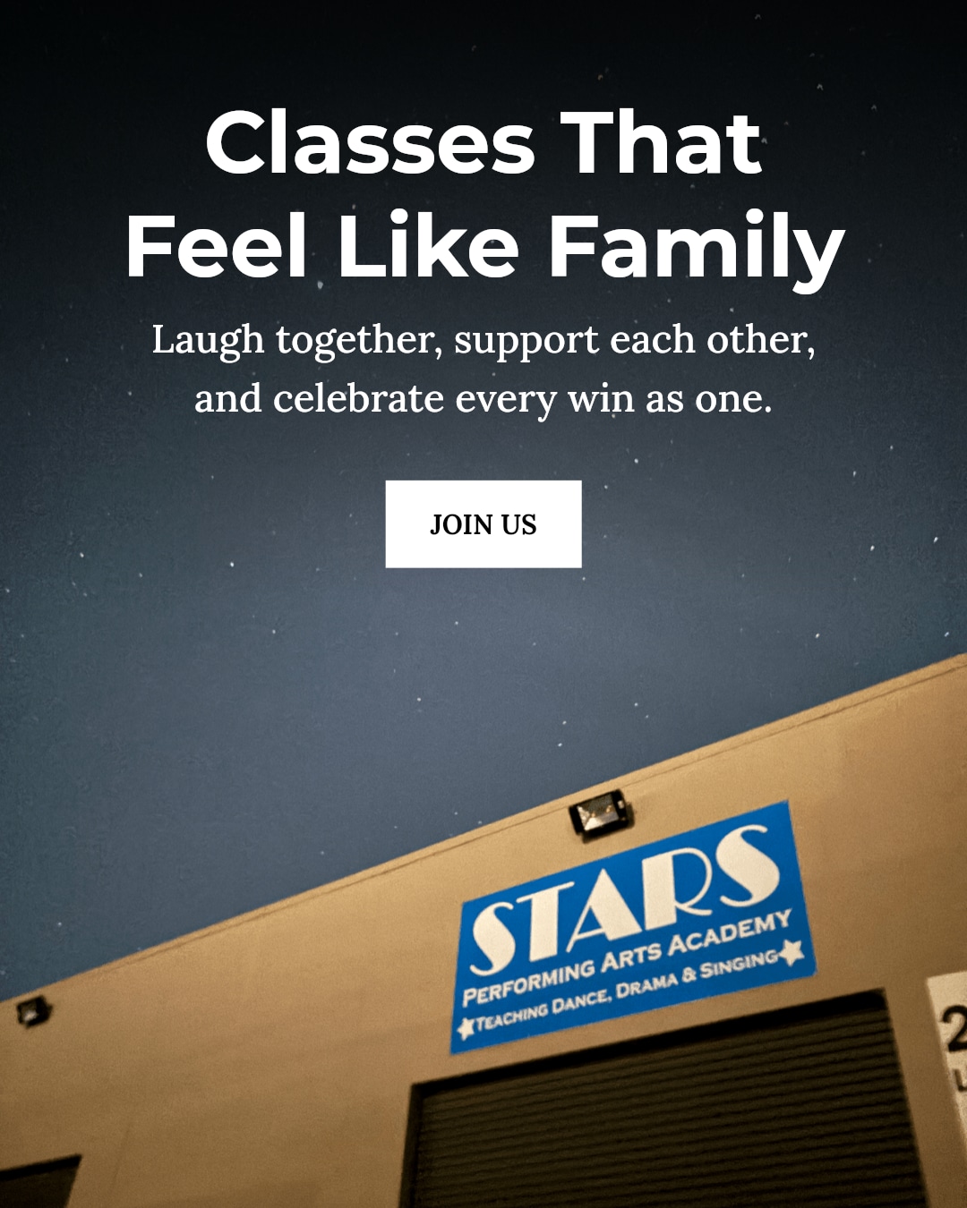 What makes a class feel like a second home?
It's the laughs shared, the support when you stumble, and the cheers for every little win.
At Stars Performing Arts Academy, our classes are more than lessons—they're a family where you grow, connect, and shine together. Ready to find your second home with us? Join the fun today!