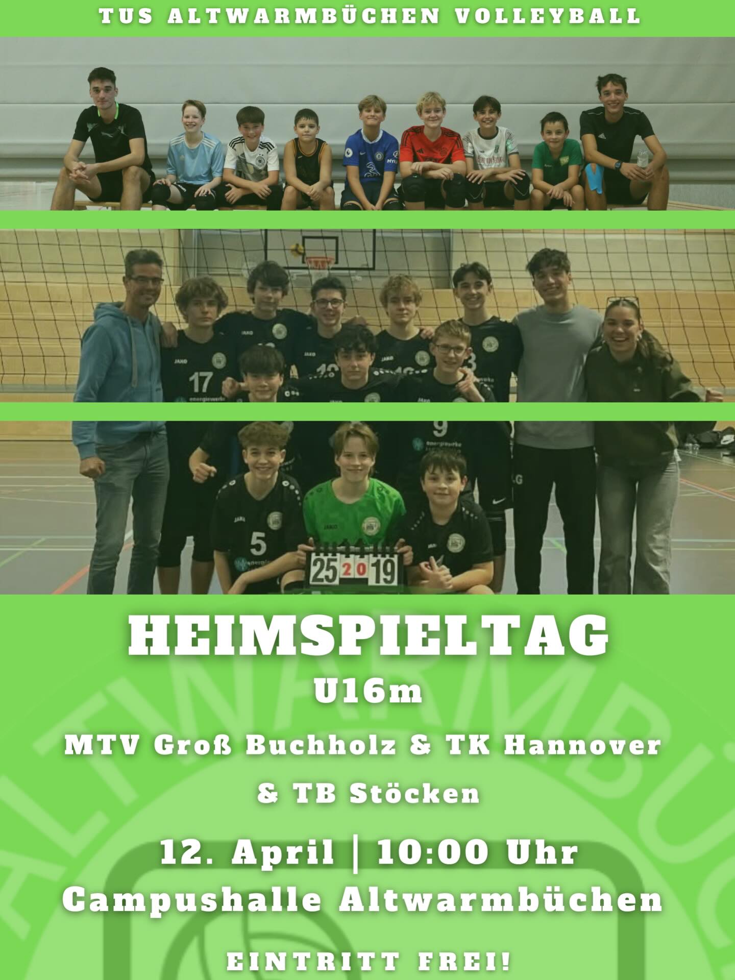 Am Sonntag steigt am Helleweg der letzte Spieltag der männlichen U16. Alle Teams sind bei uns zu Gast. Gespielt wird auf allen vier Feldern, mit insgesamt 9 Mannschaften!
Für unsere Jungs geht es gegen MTV Groß Buchholz, TK Hannover und TB Stöcken um die Meisterschaft in der Regionsliga. Der Eintritt ist frei!
Wir sehen uns am Sonntag hoffentlich zahlreich.
#tusaltwarmbüchen #tusaltwarmbüchenvolleyball #volleyball #nwvv #heimspiel