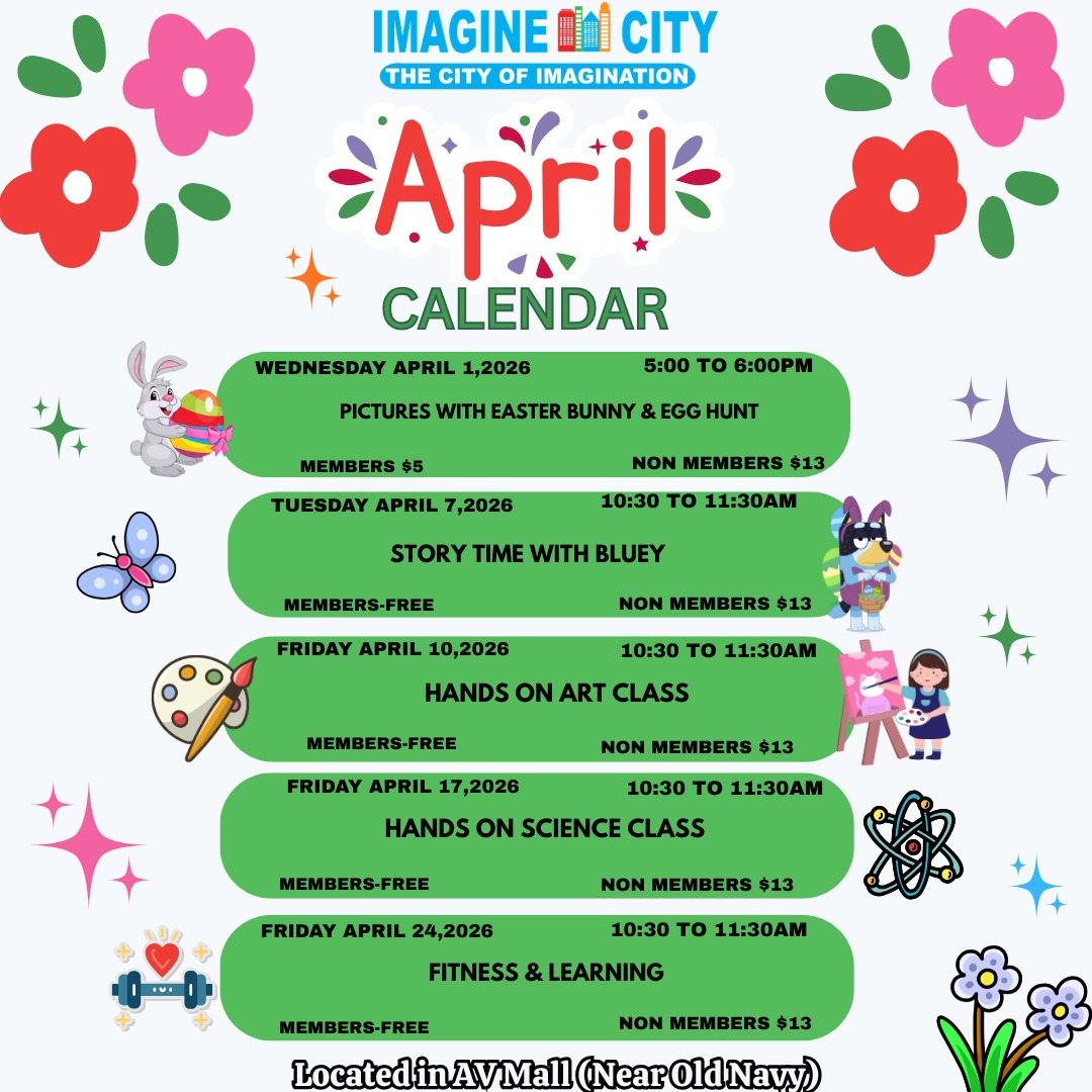 April is going to be so much fun with all these special events. We even brought back a really fun favorite, Easter Egg Hunt. Our events fill up fast so hurry and register now on our website @ www.imaginecity.com