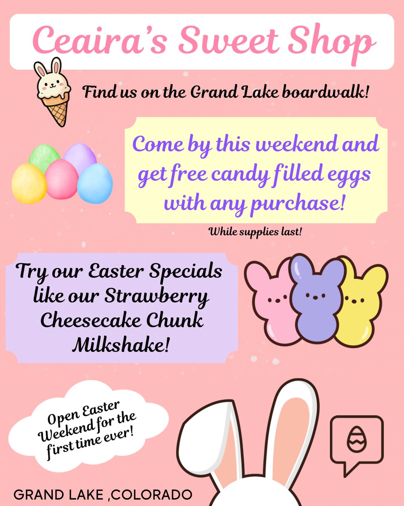 Visit us this weekend for Easter fun and tasty treats! ๐ฐ๐ฆ #grandlake #grandcounty #colorado #easter #icecreamshop