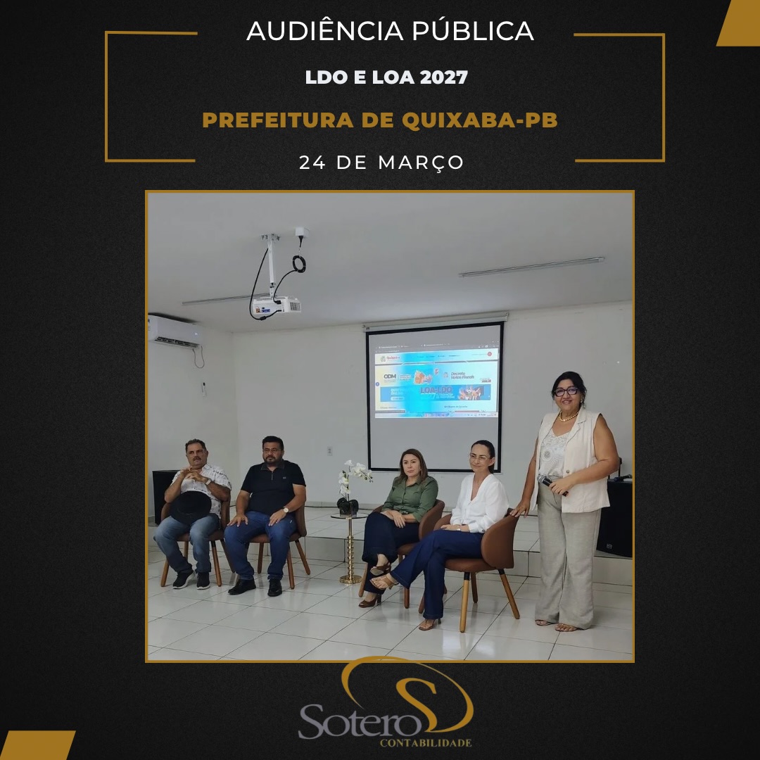 Na última terça, 24/03/2026 a Audiência Pública da Prefeitura de Quixaba PB , com a presença do Prefeito Allan , Secretários, vereadores e população em geral, foi debatido as propostas para a elaboração da LDO e LOA 2027. Um momento democrático e participativo! No evento, tivemos a participação especial de Zeca Sousa, representante do Governo do Estado da Paraíba, que na ocasião cedeu uma moto para ficar à disposição do município . A Sotero Contabilidade presente!💯👏👏👏👏
