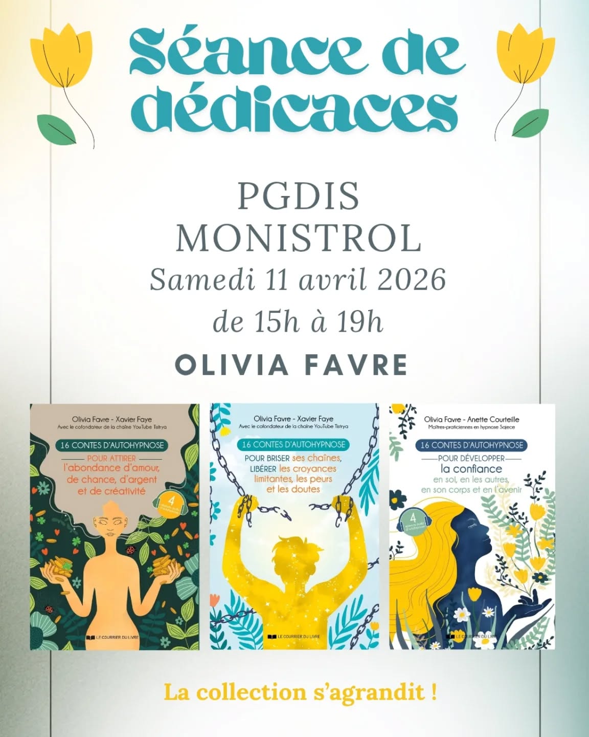 La première séance de dédicaces pour vous présenter le nouveau livre ! Et quoi de mieux que de le faire dans sa ville d'adoption ☀️Samedi je serai donc à PGDIS pour vous présenter notre nouveau livre : 16 contes d'autohypnose pour développer la confiance.
Je pourrais bien sûr répondre à toutes les questions que vous pourriez avoir concernant l'autohypnose, la confiance, l'auto sabotage ou l'abondance 🪷
Et vous quelle question aimeriez vous me poser ?
#dedicaces #monistrolsurloire #confiance