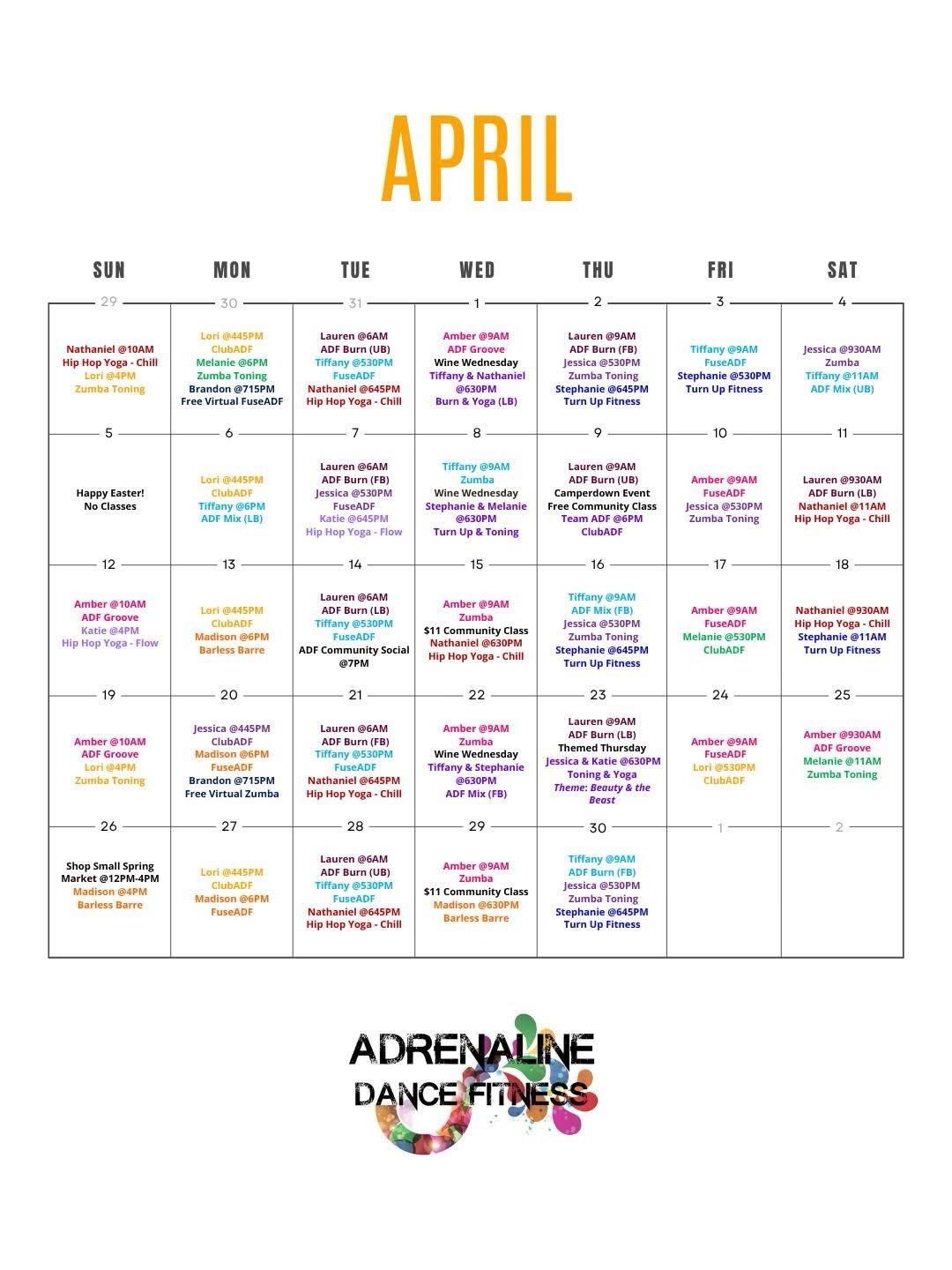 April is almost here! Mark your calendars for these special dates:
🐣 4/5: No classes - Happy Easter!
🪩 4/9: FREE ClubADF Community Class @camperdowngvl w/Team ADF
💜 4/14: ADF Community Social
🧘♀️ 4/15: $11 Hip Hop Yoga - Chill Community Class w/Nathaniel
💃 4/20: FREE Virtual Zumba w/Brandon
🥀 4/23: Themed Thursday - Beauty & The Beast Edition - Toning & Yoga w/Jessica & Katie
🐝 4/26: Shop Small Spring Market
🩰 4/29: $11 Barless Barre Community Class w/Madison
Build your schedule at the link in our bio! 🙌
#yeahthatgreenville #greenvillesc #greenvillefitness #greenville #gymfriends