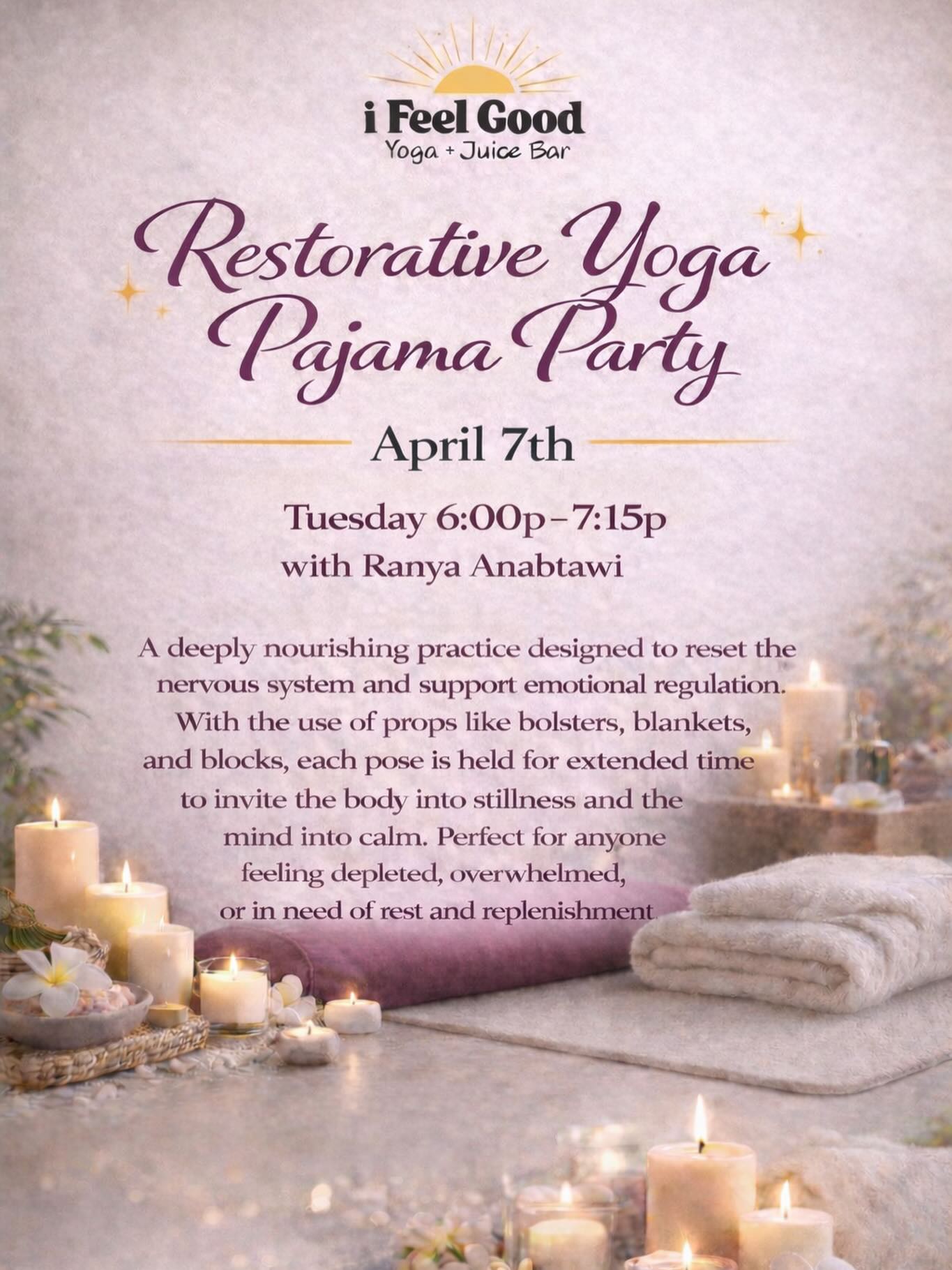 Slip into your coziest pajamas and join us for a deeply relaxing evening ✨
🕯️ Restorative Yoga Pajama Party
📅 Tuesday, April 7th
⏰ 6:00–7:15p
🤍 with Ranya Anabtawi
This gentle, prop-supported practice is designed to calm the nervous system, melt away stress, and leave you feeling fully restored.
Perfect if you’ve been feeling overwhelmed, tired, or just need a reset 💫
Sign up at ifeelgoodmt.com