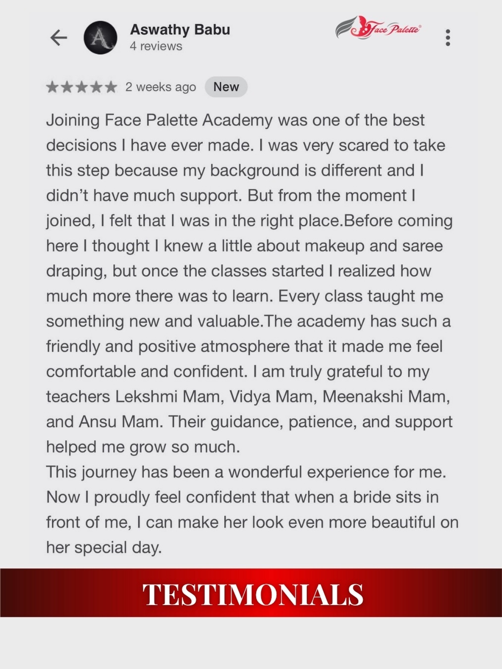 𝐒𝐓𝐔𝐃𝐄𝐍𝐓 𝐑𝐄𝐕𝐈𝐄𝐖 – 𝐓𝐄𝐒𝐓𝐈𝐌𝐎𝐍𝐈𝐀𝐋 & 𝐅𝐄𝐄𝐃𝐁𝐀𝐂𝐊 - Because when passion meets the right guidance, artistry blooms.
We’re truly grateful for the love and trust our students share!
Every journey at Face Palette is built with patience, clarity, and professional care — and seeing our students grow into confident artists is our biggest reward.
📍 Certified by EICBI London
📞 Call/WhatsApp: 9847074073
🌐 Join from anywhere in the world!
#facepalette #studentreview #makeupacademy #promakeupcourse #makeuptraining