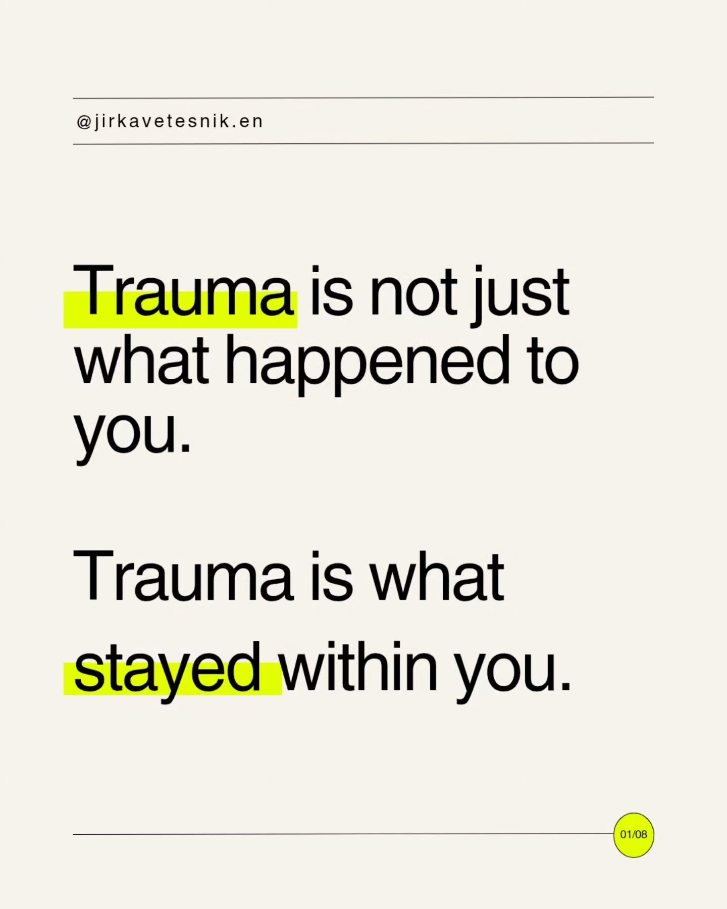 Trauma is not just what happened to us.
It is also what stayed within us after the experience. In the body, in the nervous system, and in the way we see ourselves, others, and the world.
Sometimes trauma comes from what was too much.
And sometimes from what was missing.
We often judge ourselves for our reactions. For being too sensitive, shut down, ashamed, frozen, or defensive.
But many of these reactions were never signs that something was wrong with us. They were ways we once learned to survive.
And maybe this is where healing can begin.
Not with the question: “What is wrong with me?”
But rather: “What happened within me that makes this response make sense?”
Just seeing this can already be a beginning.