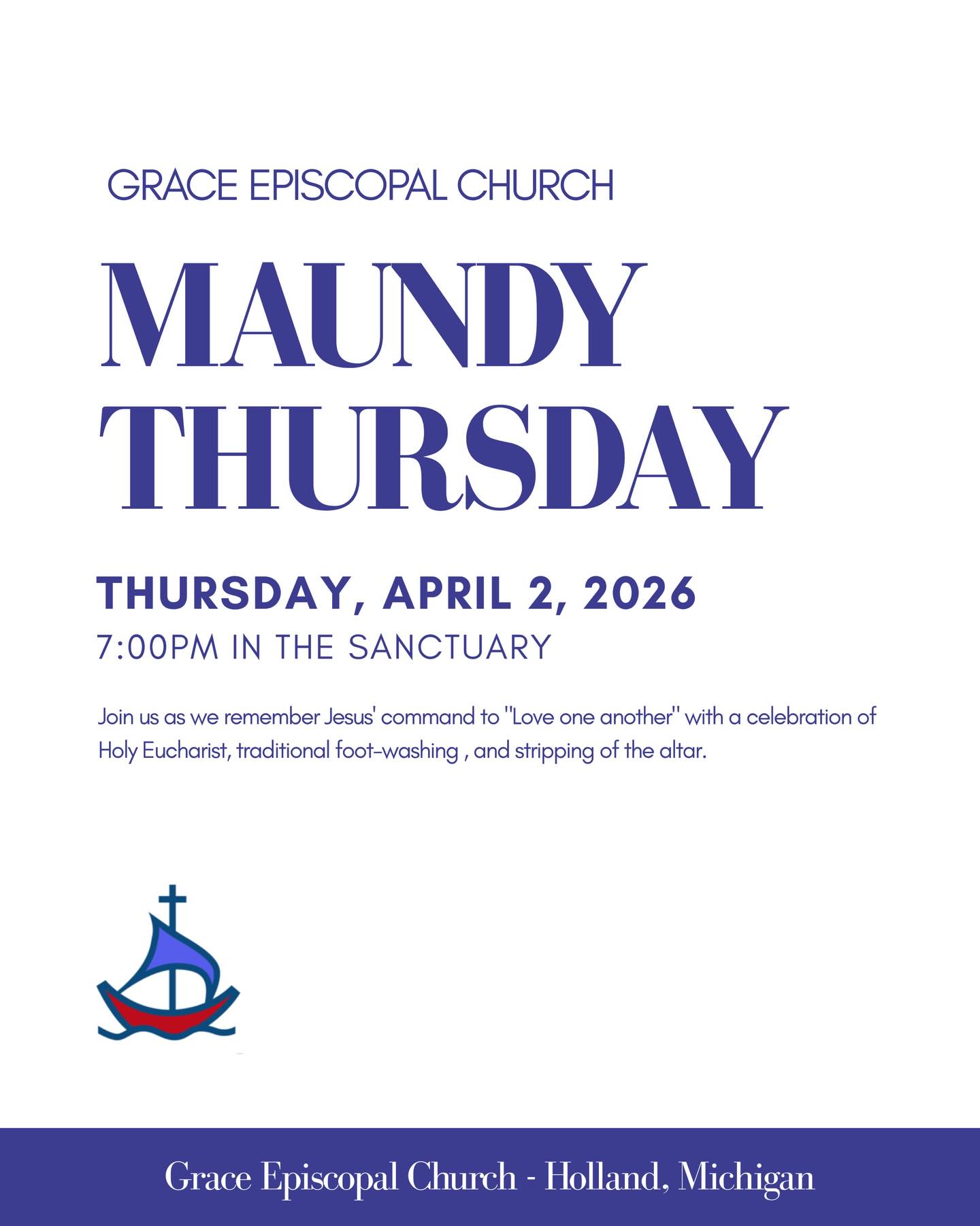 Our Triduum journey begins this evening with the observance of Maundy Thursday. All are welcome as we gather at 7:00pm in the Sanctuary to remember, reflect, prayer, and prepare for the days ahead of us. 💜
@graceepiscopalholland
@greatlakesepiscopal
@theepiscopalchurch