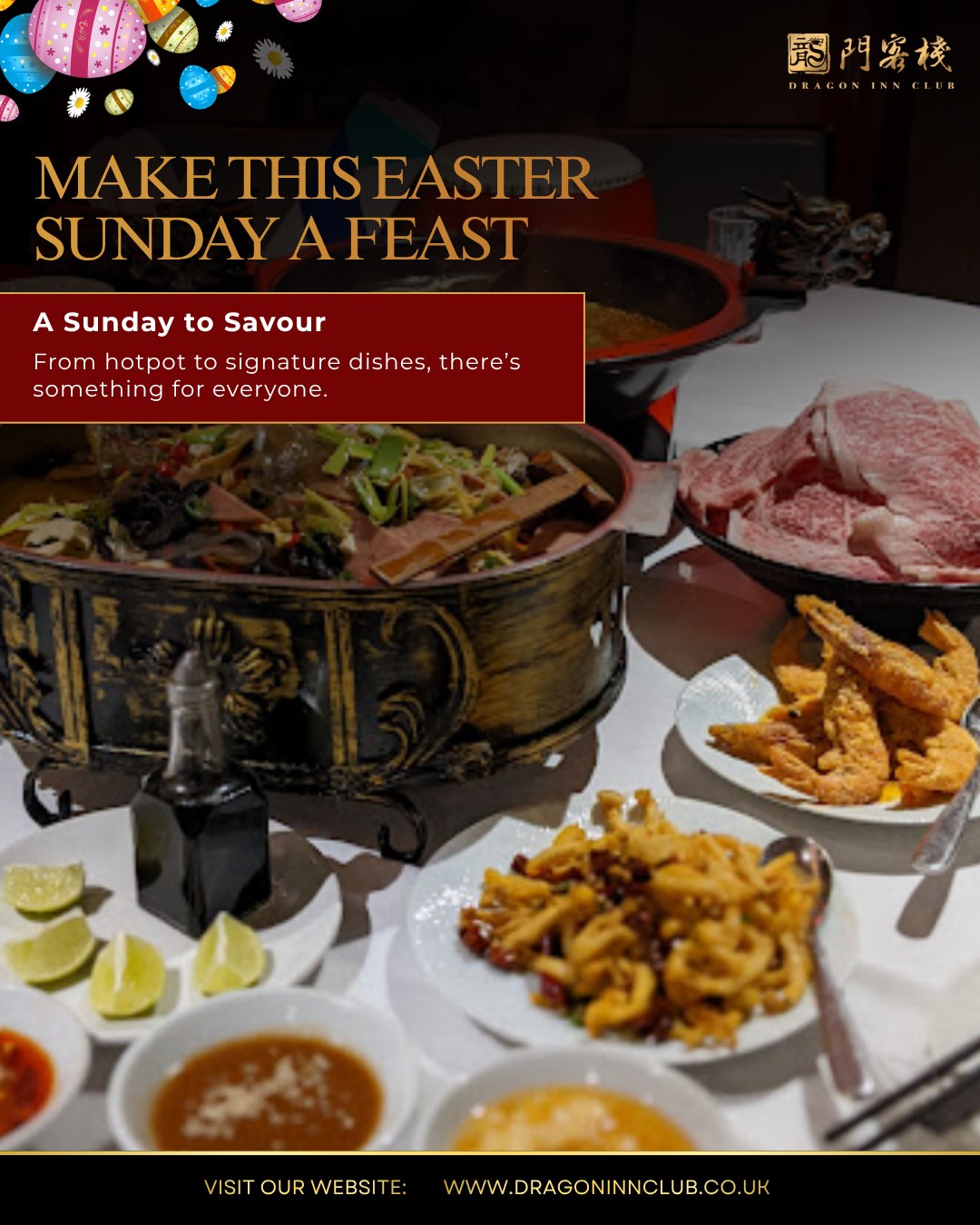 Easter is all about sharing moments and meals. Enjoy a feast filled with flavour and warmth. Perfect for family and friends to come together. Book now and celebrate with us.
#Dragoninclub #Sichuan #Sichuanhotpot #dimsum #london #pimilco #londonvictoria #buckinghampalace #chelsea #theatres