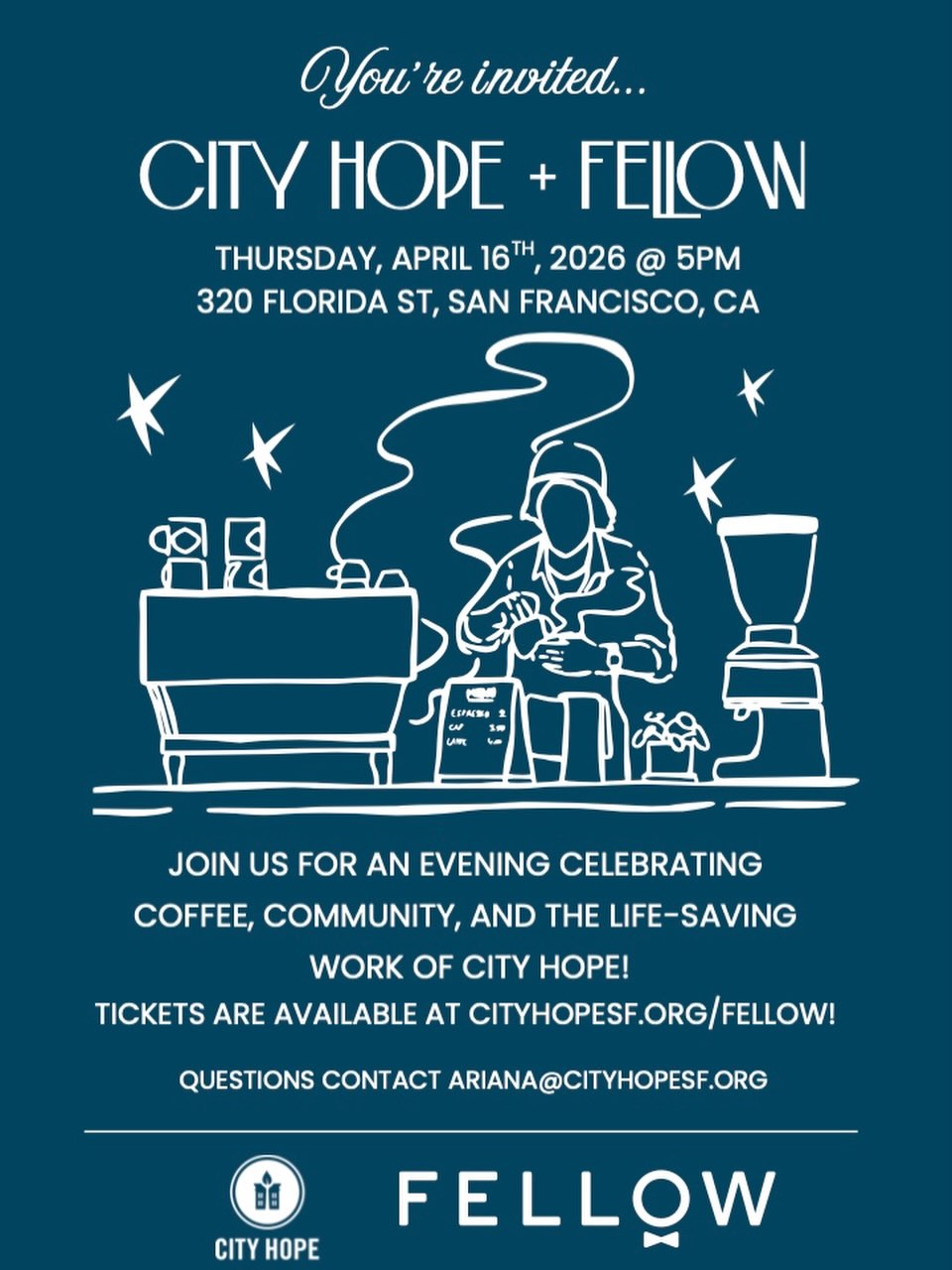City Hope invites you to a special collaboration with Fellow! ☕️
Come join us for a night of coffee, community, and connection as we celebrate everything we’ve accomplished here at City Hope. We’ll have curated bites and wine to enjoy as we show a short film highlighting our story.
We cannot wait to see you there!
📅 Thursday, April 16, 2026
🚪 Doors open at 5 PM | Program begins at 6 PM
📍 Fellow Products | 320 Florida Street
🎟 Get your tickets using the link in bio!
#CityHopeSF #SanFranciscoEvents #SFEvents #CommunityEvent #FellowProducts