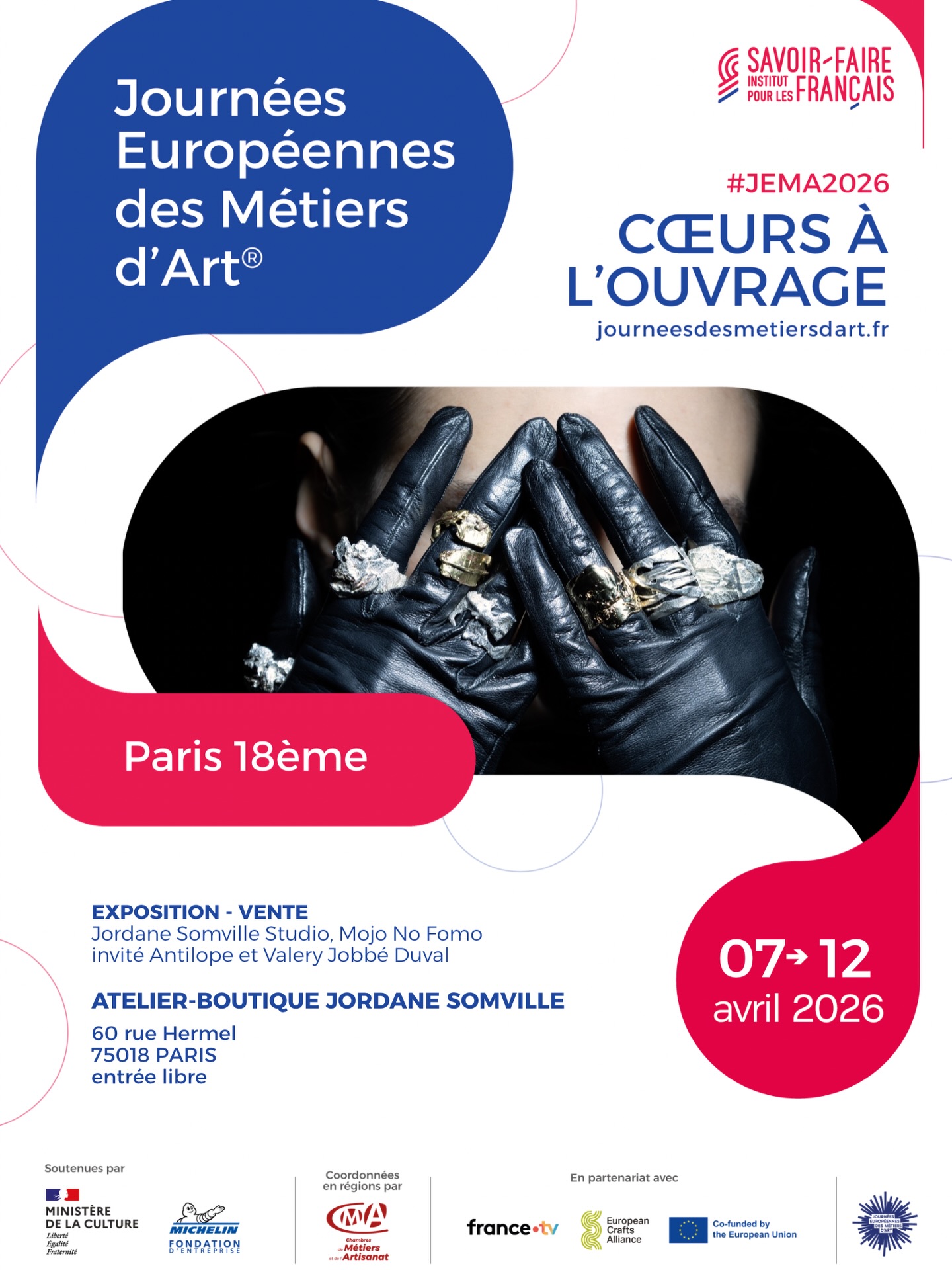 l’occasion des JEMA 2026, notre boutique-atelier vous ouvre ses portes du 7 au 12 avril.
Venez découvrir le travail de six artistes au 60 rue Hermel, dans le 18ème arrondissement de Paris. Ce rendez-vous est l’occasion d’explorer un artisanat pluridisciplinaire où se mêlent tissus, porcelaine et métal. @mojonofomo @audrey.jehanno @jordanesomvillestudio @paiceramique @valeryjobbeduval
Le parcours de visite vous permettra de découvrir des collaborations exclusives avec Jordane Somville, ainsi que les univers personnels de chaque créateur.
📍 60 rue Hermel, 75018 Paris
📅 Du 7 au 12 avril 2026
#JEMA2026 #MetiersDArt #Paris18 #BoutiqueAtelier #ArtisanatParis JordaneSomville SavoirFaire