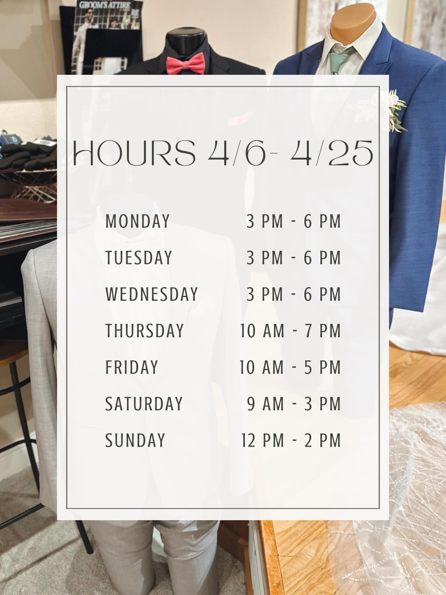 Please note our extended hours for our upcoming prom weeks!! If you ordered a tux from us you will be receiving a text when your rental is ready to pick up! As soon as you know it’s here stop in anytime to try it on!! Reminder- tuxes must be tried on by Thursday at 3 pm to order any replacements needed! Sunday the 12th & 19th will be for tux drop offs!!