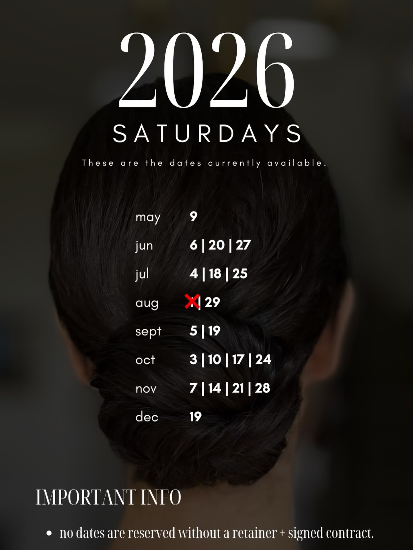 Updated weekend availability ❤️
We’re noticing across the industry that couples are booking their wedding day services later than usual this season. While that can mean more options right now, availability can change quickly as your date gets closer - especially for trusted, in-demand vendors.
If you’ve had your eye on your dream team, this is your little sign to reach out, ask the questions, and secure your date while options are still open 🫶🏼
I’d love to chat and see how we can bring your vision to life ❤️💄
.
.
.
.
#durbanmakeupartist #durbanwedding #bridetobe #southafricanwedding #weddingmakeupandhair