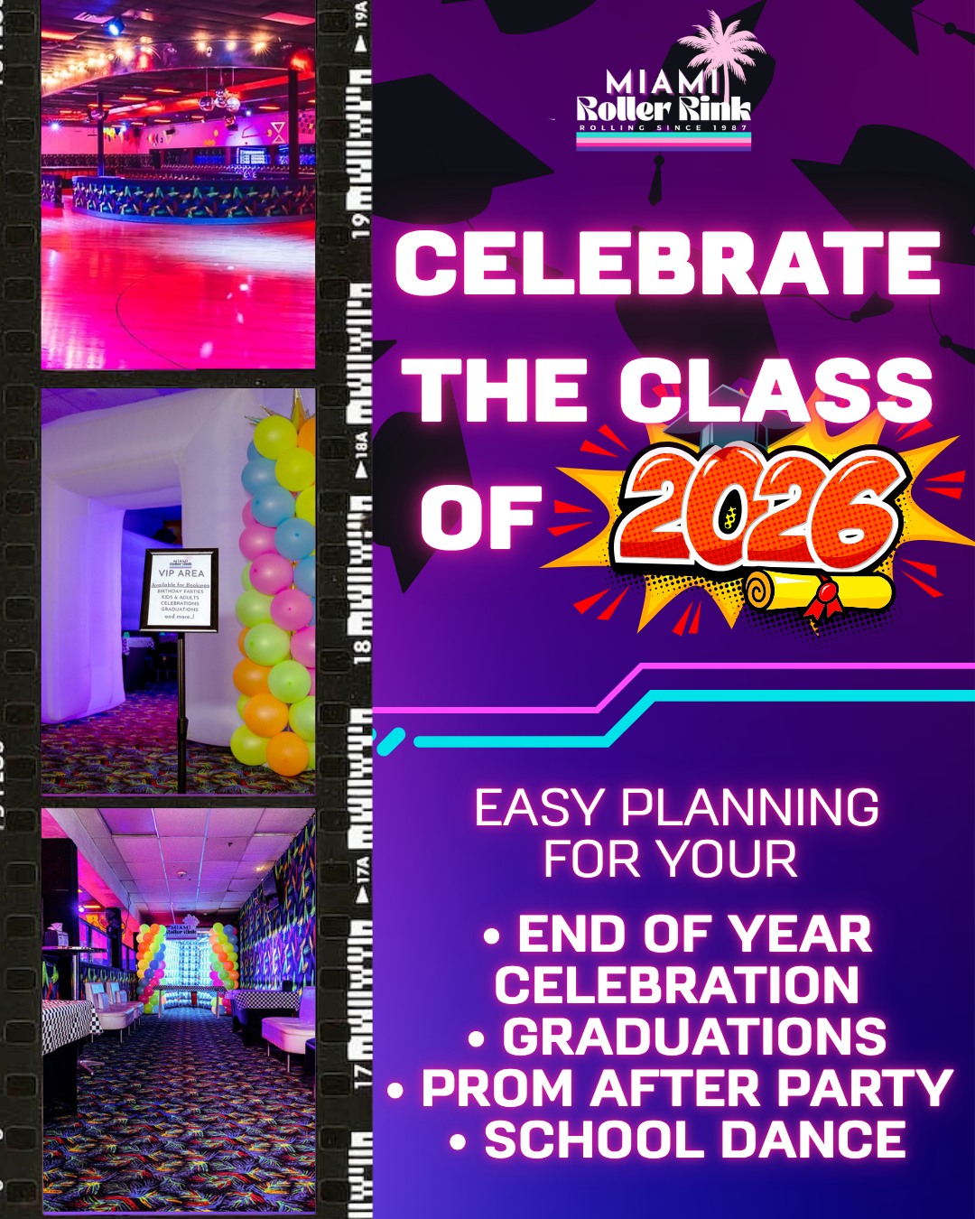 Host your end of year celebration at Miami Roller Rink, one of Miami’s top-reviewed party destinations! ⭐️⭐️⭐️⭐️⭐️
Skip the party-planning headache, boring dinners and let our team of party pros do the work for you! ✨
Whether it’s a middle school send-off, a high school graduation bash, or the ultimate school dance.. we’ve got the lights, the music, and the VIP party vibes.🎓🎉
Our all-inclusive packages include :
• DJ, lights & sound 🎧
• Party team & hosts
• Pizza and beverages 🍕
• On-site Catering 🍔
• Karaoke room 🎤
• Private venue access
• Skates if skating
• Add-ons available: LED dance floor, Silent Disco, arcade cards & catering options ✨
Book your ALL INCLUSIVE celebration and make planning easy this year! With the school year wrapping up in early June, our May availability is already filling up fast.
📞 Reserve your date now, limited availability.
#MiamiRollerRink #MiamiEvents #GraduationParty #SchoolDance #PrivateEvents