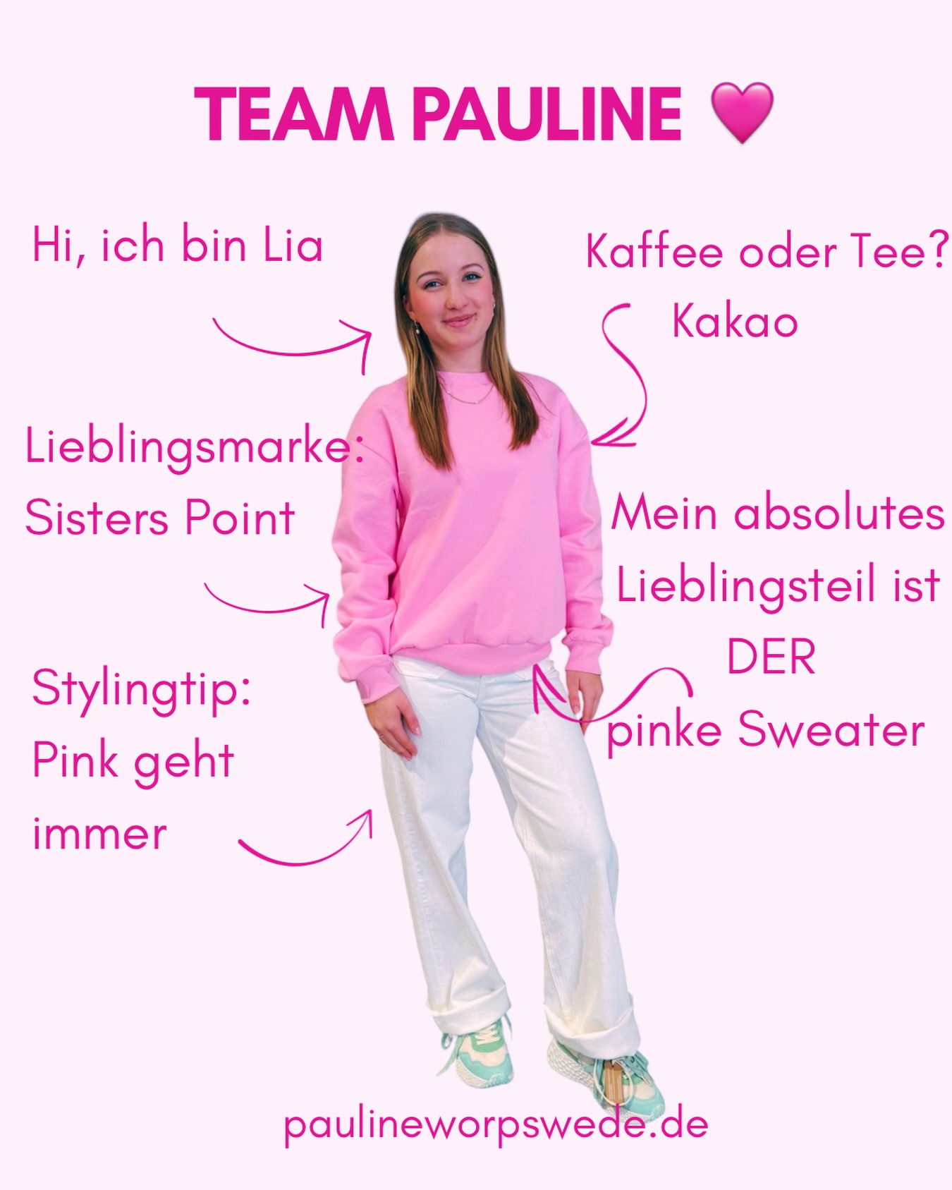 Montag = Teamtag in der Pauline! Und heute lernt ihr Lia kennen. 🩷
Ja, genau unsere Lia! Die, die fleißig die Ostereier für unser Gewinnspiel versteckt hat – und offensichtlich ein echtes Talent dafür hat, denn so viele von euch haben mitgemacht und gesucht. Danke, Lia! 🥚😄
Sie ist unser pinker Sonnenschein im Team – und das ist wörtlich gemeint. Wer Lia kennt, weiß: gute Laune ist bei ihr inklusive.
Ihr Lieblingsteil bei uns? DER pinke Sweater. (Überraschung. 🩷)
Lieblingsmarke? Sisters Point.
Ihr Stylingtip: Pink geht immer. Immer. Wir stimmen zu. 🩷
Kaffee oder Tee?
Kakao. ☕🍫 Die ehrlichste Antwort, die wir je hatten. Wir lieben sie dafür.
Lia, wir sind so froh, dass du bei uns bist – mit oder ohne Ostereier. 😄
Kommt vorbei und sagt Hallo!
📍 Pauline Worpswede – Bergstraße 26, 27726 Worpswede
🕐 Mo–So, 11–18 Uhr
#TeamPauline #PaulineWorpswede #Worpswede #Lerntmichkennen #Ostermontag