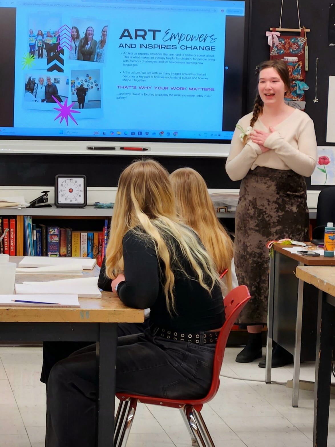 A meaningful new collaboration began today at Quest.
In partnership with La Caron School and Colibri, our Programmer and Curator, @sarah.hancock.art, led the first session of a project centred on confidence, creativity, and empowerment.
Working first with a group of Grade 12 students, this initiative uses art to explore voice, self-expression, and personal strength. Over the coming weeks, these young artists will continue developing their work through a guided creative process.
In early April, Sarah and Colibri will bring this same program to a Seniors Centre, working with a second group to explore these themes through their own lived experiences and perspectives.
While the two groups will not be creating together directly, their work will be presented side by side in a culminating exhibition on May 1st, offering a powerful intergenerational dialogue.
This work is held with care and respect, creating space for stories and experiences that are not always easy to share, but deeply important to honour.