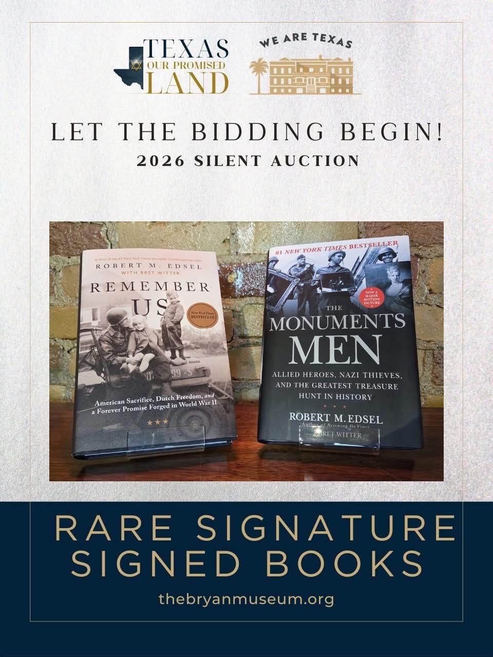 Let the bidding begin!
I’m honored to support The Bryan Museum (@thebryanmuseum) - Galveston and its upcoming gala with two signed items for their silent auction.
The first is a signed copy of ‘Remember Us.’
The second is something far more rare: a copy of ‘The Monuments Men’ signed by the last living Monuments Man, Richard Barancik.
With the passing of these heroes, items like this have taken on an added significance. They aren’t just collectible, they’re irreplaceable.
This is a rare opportunity to own a piece of history, while supporting the museum’s mission.
You can learn more and place a bid here: https://qtego.us/qlink/bryanmuseumgala/GH3224