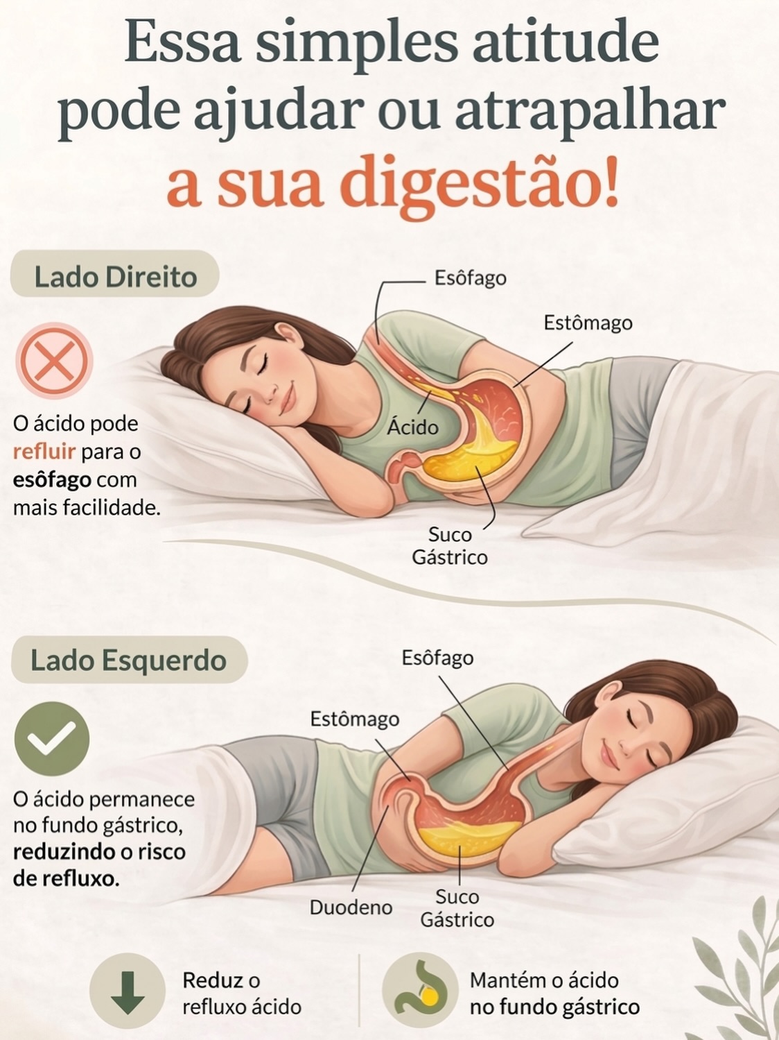 🛌Deitar do lado esquerdo pode reduzir o refluxo — você sabia disso?
🔥 Se você sofre com azia, queimação ou já foi diagnosticado com refluxo, um hábito simples pode fazer muita diferença: a posição em que você dorme.
Ao deitar sobre o lado esquerdo, a anatomia do estômago favorece que o ácido permaneça onde deve estar, reduzindo o risco de retorno para o esôfago. Já ao deitar do lado direito, essa proteção diminui — facilitando episódios de refluxo, principalmente após refeições.
💭 Pequenas mudanças no dia a dia podem trazer grande alívio nos sintomas, melhorar a qualidade do sono e até reduzir a necessidade de medicação em alguns casos.
Se você sente desconforto ao deitar, vale a pena observar esse detalhe. Seu corpo pode estar te dando sinais.
🚨 Mas lembre-se que refluxo e azia constantes não é normal. Busque sempre avaliação de um especialista.
#refluxo #refluxogastroesofagico #azia #queimacao #saudedigestiva