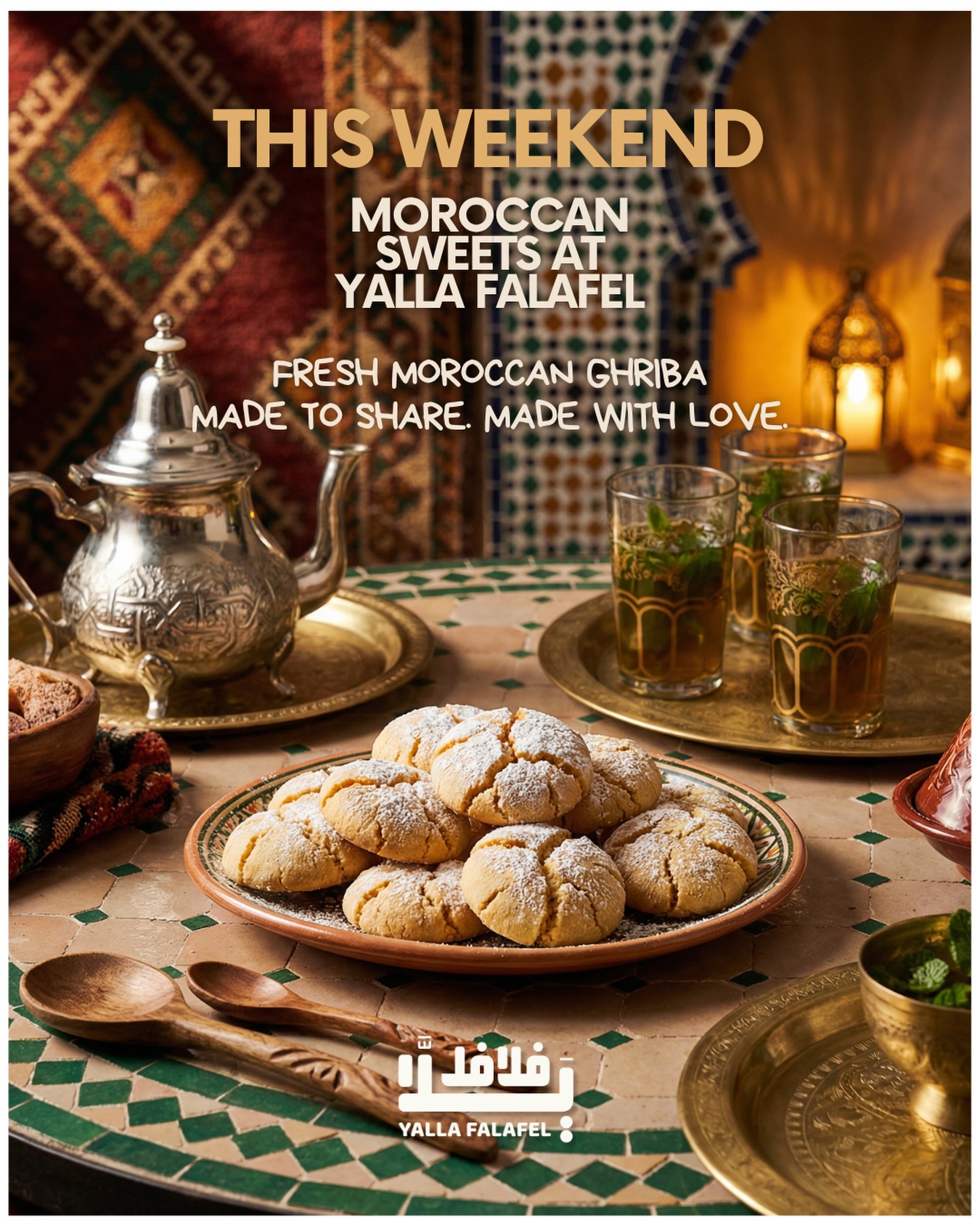 Catch us at the farmers market this weekend.
We’ve got fresh Moroccan Sweets ready for you.
Swing by, grab something sweet, and enjoy!
#YallaFalafel #FarmersMarket #MoroccanFlavors #Ghriba #Weekend
