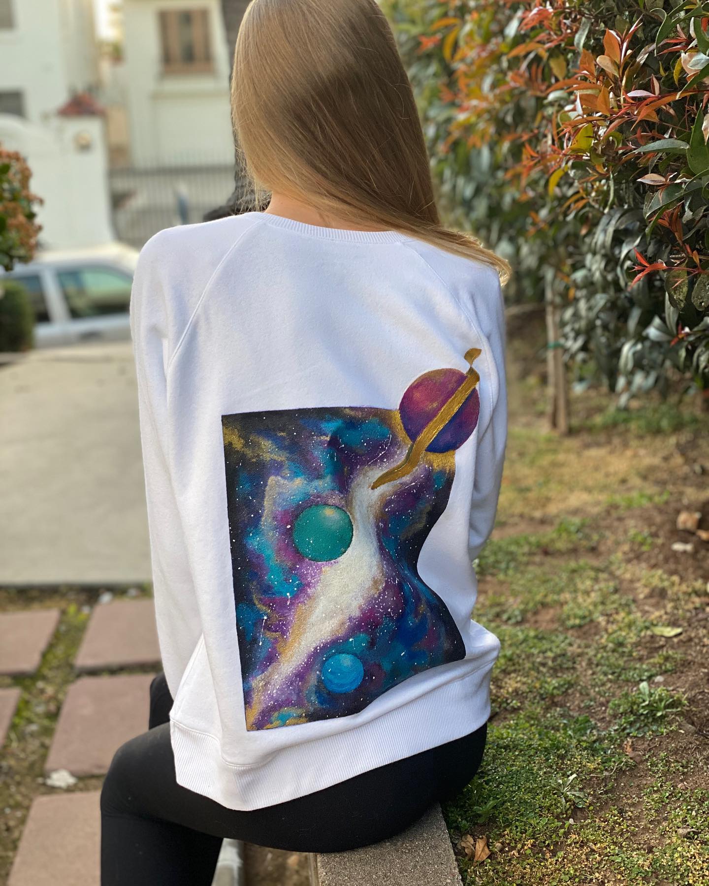 Space sweater! 🪐💫💕 acrylic, custom DM me if you want your own custom sweater! (Prices depend on the art, and hours of work)