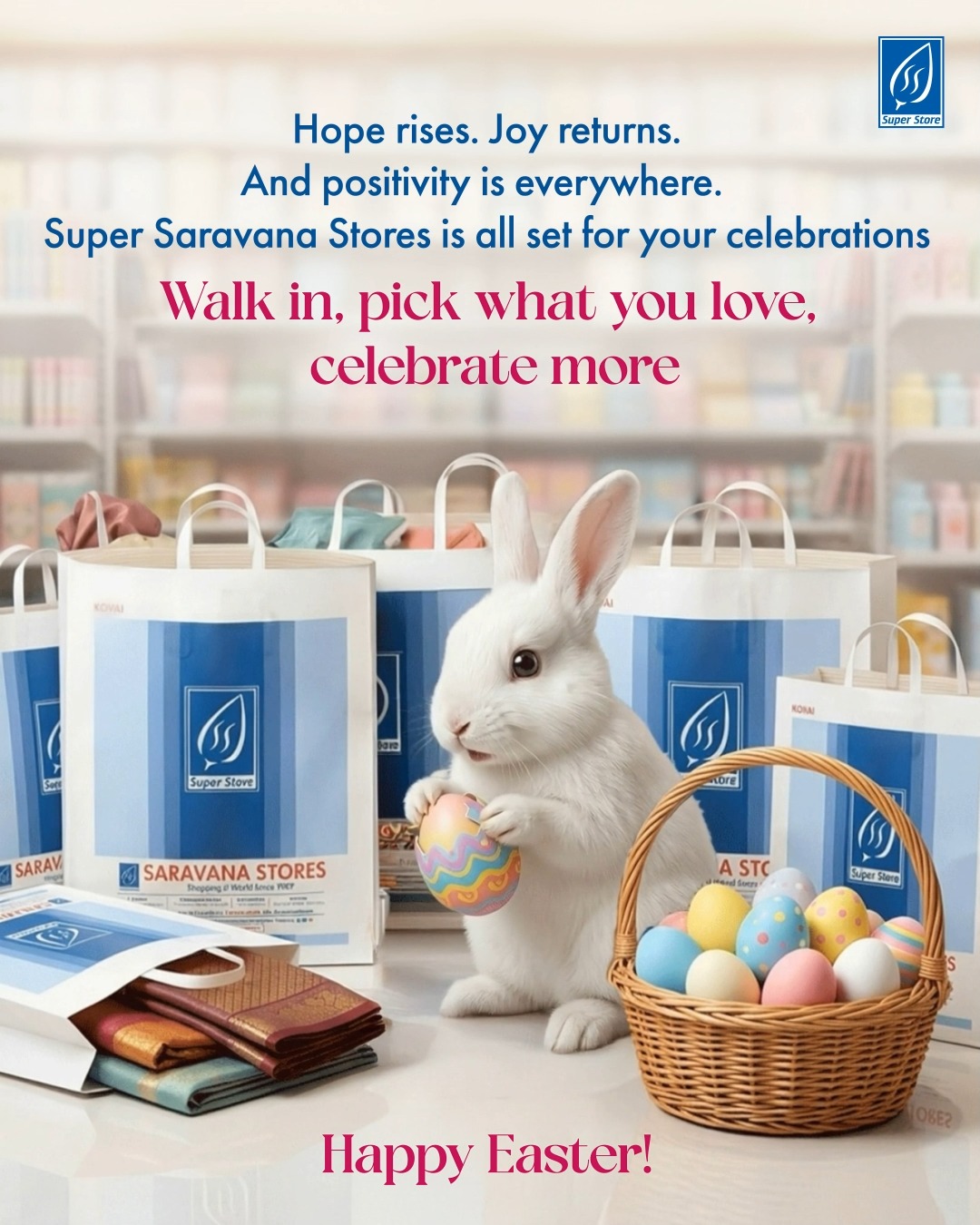 Hope rises, Joy returns.
Step in and celebrate more at Super Saravana Stores.
#HappyEaster #SuperSaravanaStores #EasterVibes #CelebrateMore #SpringJoy"