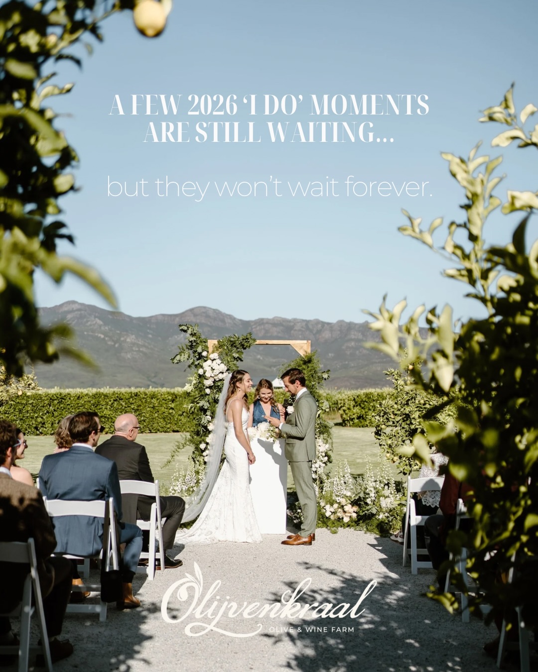 Last few 2026 spots available at 10% discount for a few lucky couples.
This could be you! ☝🏻
💌weddings@olijvenkraal.co.za
📍On-site accommodation available
💻Free wedding viewings