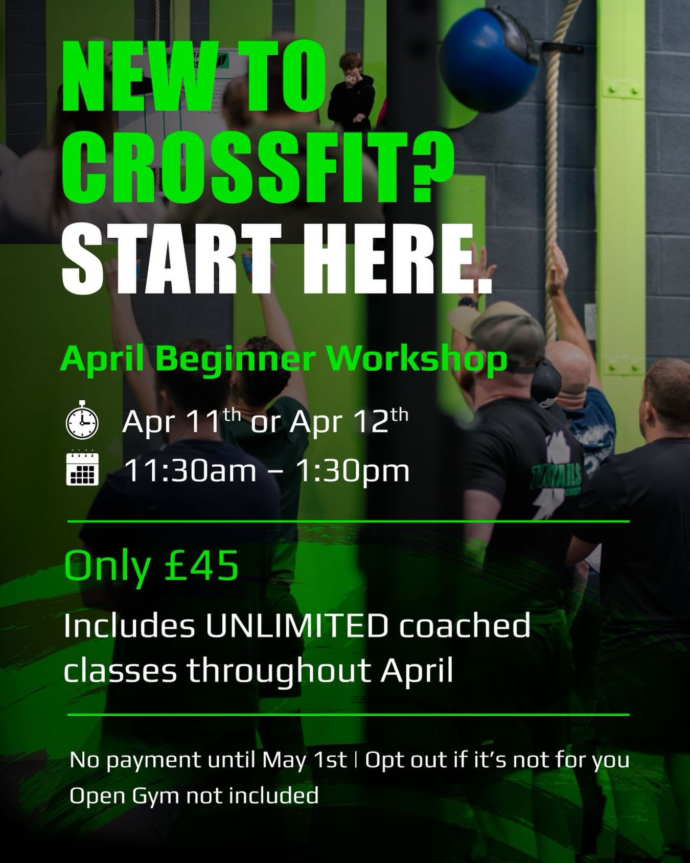 WANT TO TRY CROSSFIT? START HERE.
Join us for our Beginner Workshop:
📅 April 11th or 12th
⏰ 1130am–130pm
In this 2-hour session you’ll learn the key movements used in our CrossFit classes, plus simple scaling options — all in a friendly, coached environment.
£45 includes:
• The beginner workshop
• Unlimited classes for the rest of April
• No payment until May 1st
If during April you decide CrossFit isn’t for you, just let us know and simply opt out.
No experience needed, all fitness levels welcomed. Limited spaces.
👉 Book via our linktree in bio or DM for more info 💪