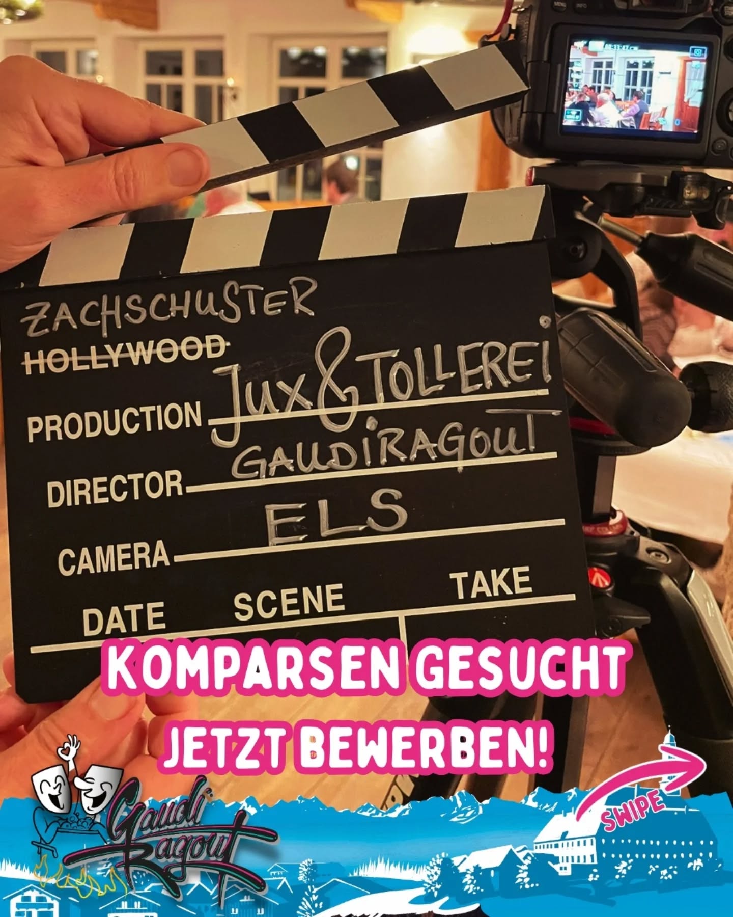 Komparsen gesucht! 🎬📽
Das Gaudiragout kommt ins Fernsehen! 📺
Wir suchen dich für unser Publikum bei der Aufzeichnung unseres neuen Stückes „Jux und Tollerei“ durch die TV- Produktion ImagineD im Landgasthof Zachschuster in Gaißach!
Wir bieten: Ein köstliches Drei-Gänge-Menü, vier Akte Mitlachtheater und ein professionelles Filmset!
Du hast Lust mitzulachen, fein zu essen und bist nicht kamerascheu?
Dann bewirb Dich mit einem originellen Ein-Satz-Video über Instagram-Nachricht, in dem Du erklärst, warum wir unbedingt DICH für unseren Dreh brauchen.
Deinen Namen brauchst Du nicht zu nennen, wir kontaktieren Dich über Dein Instagram-Profil.
Bewirb dich jetzt per Direktnachricht!
Aufzeichnung am 02.05.2026 im Zachschuster in Gaißach!
#film #Filmaufnahmen #bewerben #komparsen #gaudiragout