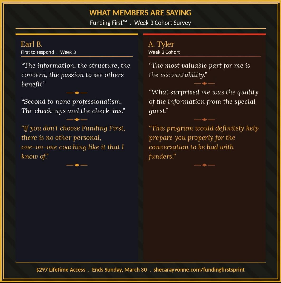 Here is what some of the current cohort members are saying:
Week 3, coinciding with the grant writer session and before the two Bonus Build Labs, and before the full program is even complete.
I did not prompt these responses; they came from a simple check-in survey. Here’s what was shared:
Earl B. mentioned that the professionalism is second to none and highlighted the unique value of personal one-on-one coaching.
A. Tyler noted that the accountability has been the most valuable aspect, emphasizing that this program effectively prepares participants for conversations with funders.
Additionally, feedback after our special guest and grant writer included:
“Shecara, thanks for doing the work. This platform is awesome!” - A. Tyler
“That information tonight was outstanding.” - B. Daniel
If you are still watching, this is your sign.
$297 Lifetime Access closes Sunday, March 30. Visit https://shecarayvonne.com/fundingfirstsprint for more information.
-Shecara Yvonne