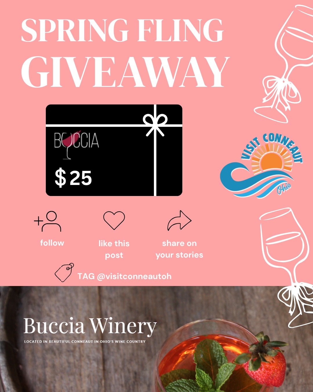 🌺SPRING FLING GIVEAWAY🌺
✨You could win a $25 Gift Card to Buccia Vineyard!✨
Buccia Vineyard Winery and Bed and Breakfast is a boutique family winery. They offer a variety of fine wines, craft beer, and cocktails in a laid-back tasting room. Buccia is proud to host live music, weddings, and other special events. The picturesque vineyards and grounds are influenced by the maritime climate of Lake Erie and Conneaut Creek.
📍518 Gore Road, Conneaut, OH 44030
HOW TO ENTER ✨
1️⃣ LIKE this post
2️⃣ FOLLOW @bucciavineyard @visitconneautoh
3️⃣ SHARE this post to stories + TAG @visitconneautoh
IMPORTANT INFORMATION ✨
• Must be 21 years of age or older to enter
• Giveaway period ends Tuesday, April 14th, 2026 at 11:59 PM EST
• Winner will be announced here and be contacted via direct message from this @visitconneautoh account only
• Note: We will never ask for personal or financial information. Be diligent and protect yourself from scams!
• This giveaway is not sponsored, endorsed, administered by, or affiliated with Meta, Facebook, or Instagram
Brought to you by the Conneaut Visitors Bureau @visitconneautoh
⭐Good luck!⭐
#visitconneaut #visitconneautoh #bucciavineyard #giveaway