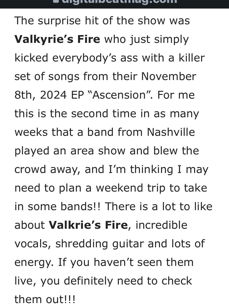 🔥 Review from our show at @thecanalclub in Richmond 🔥
Thank you to @robertescue with @digitalbeatmagazine for the stellar write-up and the great photos!! 😍 Full article here: https://digitalbeatmag.com/a-sound-of-thunder-at-the-canal-club/
We can’t wait to see you again!
@valkyriesfireofficial had a great time sharing the stage with @asotband and @symphonyofdestinyofficial !!
Go and check out both of those bands and be sure to support your local music scene!! 🤘🤘
#symphonicmetal #epic #powermetal