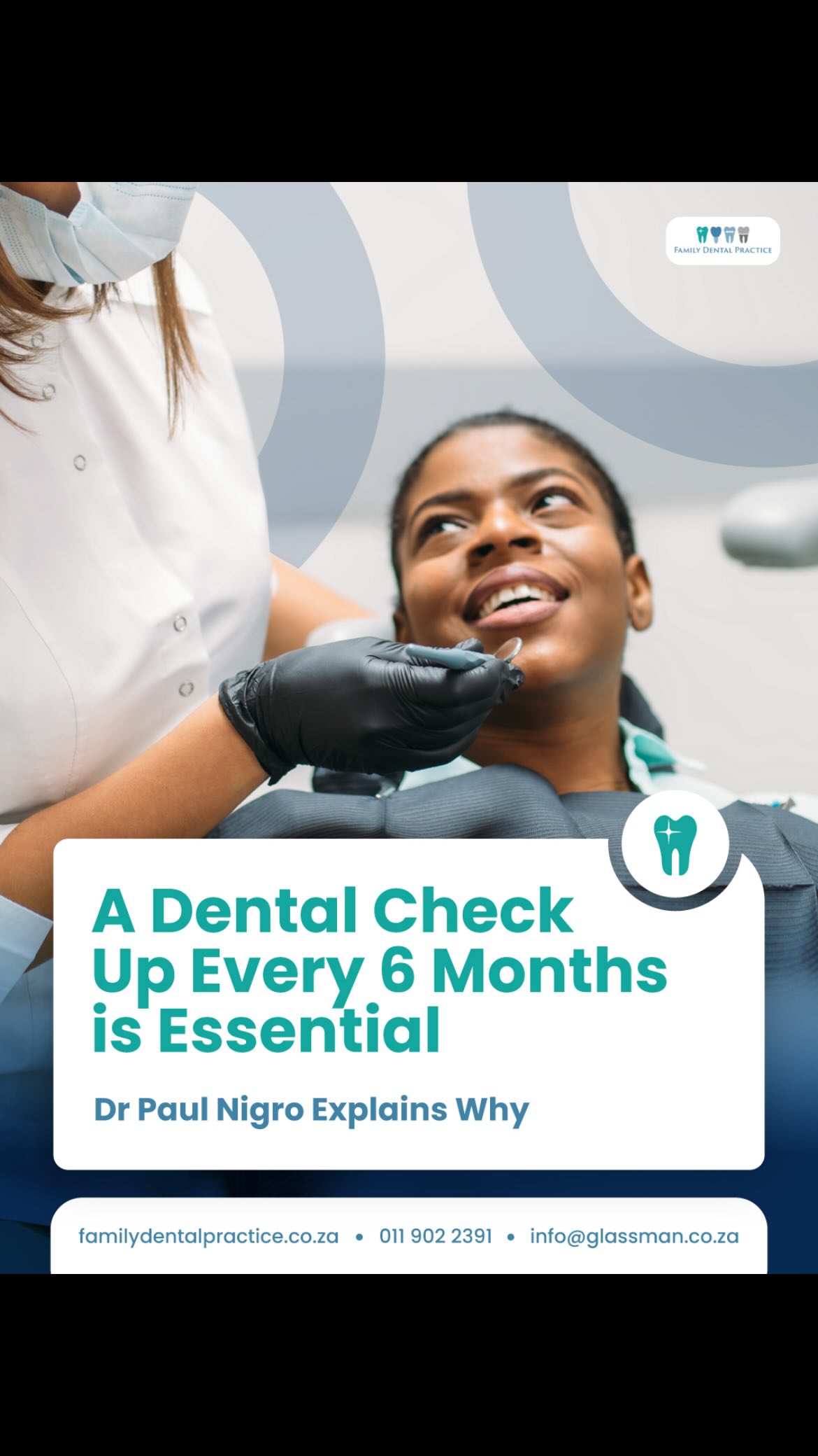 A six-month dental check-up is about far more than just keeping your teeth clean.
As Dr Paul Nigro explains, regular check-ups help us spot early problems, such as cavities, gum issues, and changes in the bone. We can assess your oral hygiene, take needed X-rays, and plan care for your long-term dental health.
Prevention is better than a cure. Routine check-ups protect your smile.
If it’s been a while, this is your reminder to book a check-up.
🌐 familydentalpractice.co.za
📞 011 902 2391
📧 info@glassman.co.za
#FamilyDentalPractice #DentalCheckUp #OralHealth #PreventiveDentistry #HealthySmile
