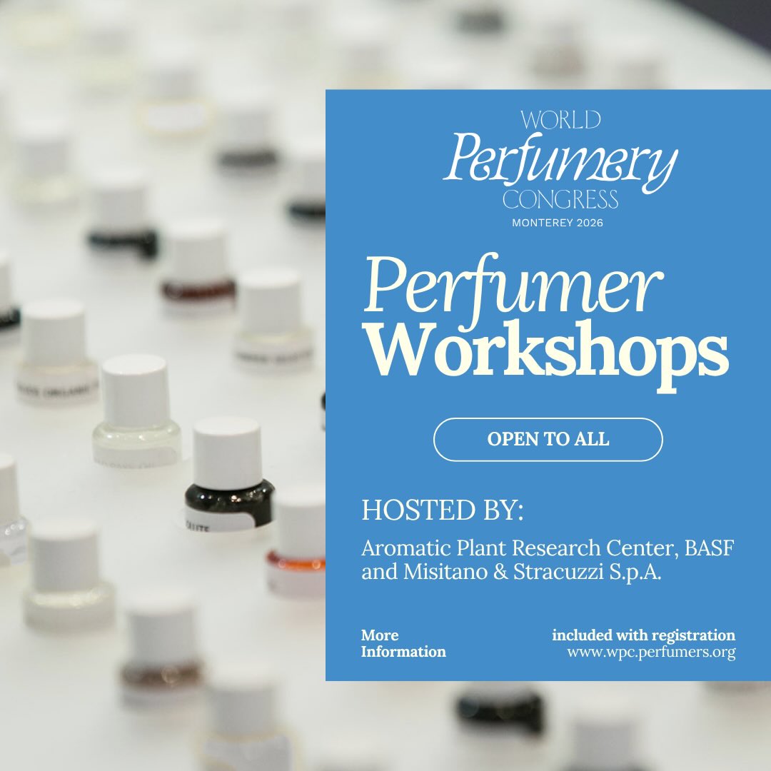 At World Perfumery Congress 2026, we’ve curated hands-on, immersive workshops designed for everyone, not just professional perfumers.
Hosted and sponsored by industry leaders Aromatic Plant Research Center, BASF, and Misitano & Stracuzzi S.p.A., these interactive sessions invite attendees to explore fragrance creation from raw material to finished composition.
Workshops on the agenda:
🍊 From Terroir to Top Note: Mastering Sicilian Citrus
Sponsored by Misitano & Stracuzzi S.p.A.
🔬 Impact of Chiral Analysis on Perfume and Fragrance Products
Sponsored by Aromatic Plant Research Center
🌿 Designing Tomorrow’s Palette: Inside BASF’s Future-Proof Fragrance Ingredients Innovation
Sponsored by BASF
👃 Join us in Monterey, California, June 23–25, 2026!
Register today: https://lnkd.in/e-nsvKaC
#WorldPerfumeryCongress #WPC2026 #Perfumery #FragranceInnovation #ScentDesign
