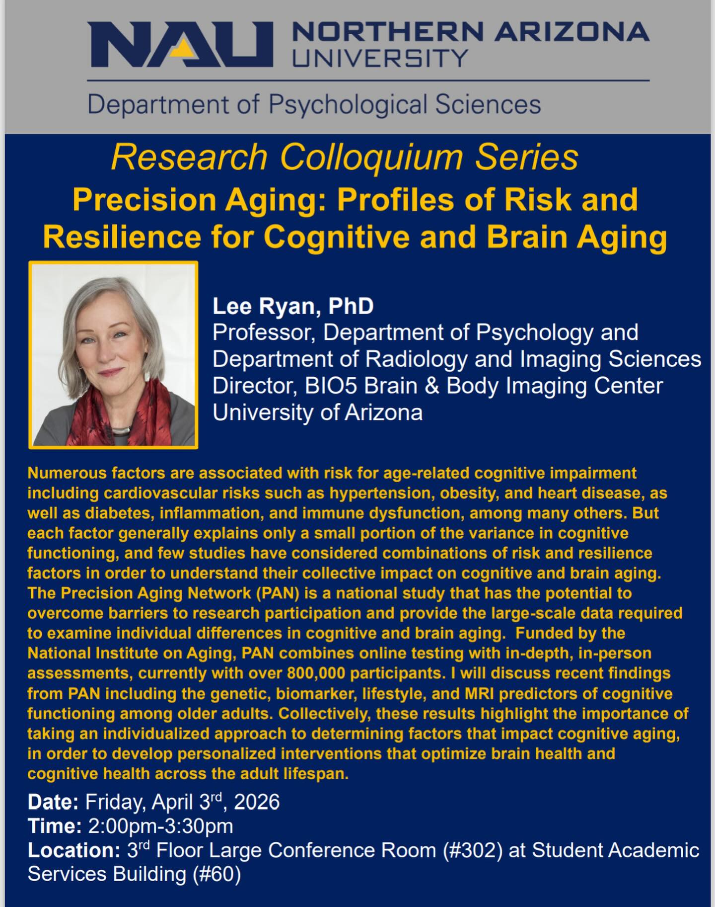 Psychological Sciences Research Colloquium Series. Dr. Lee Ryan of University of Arizona on Aging.