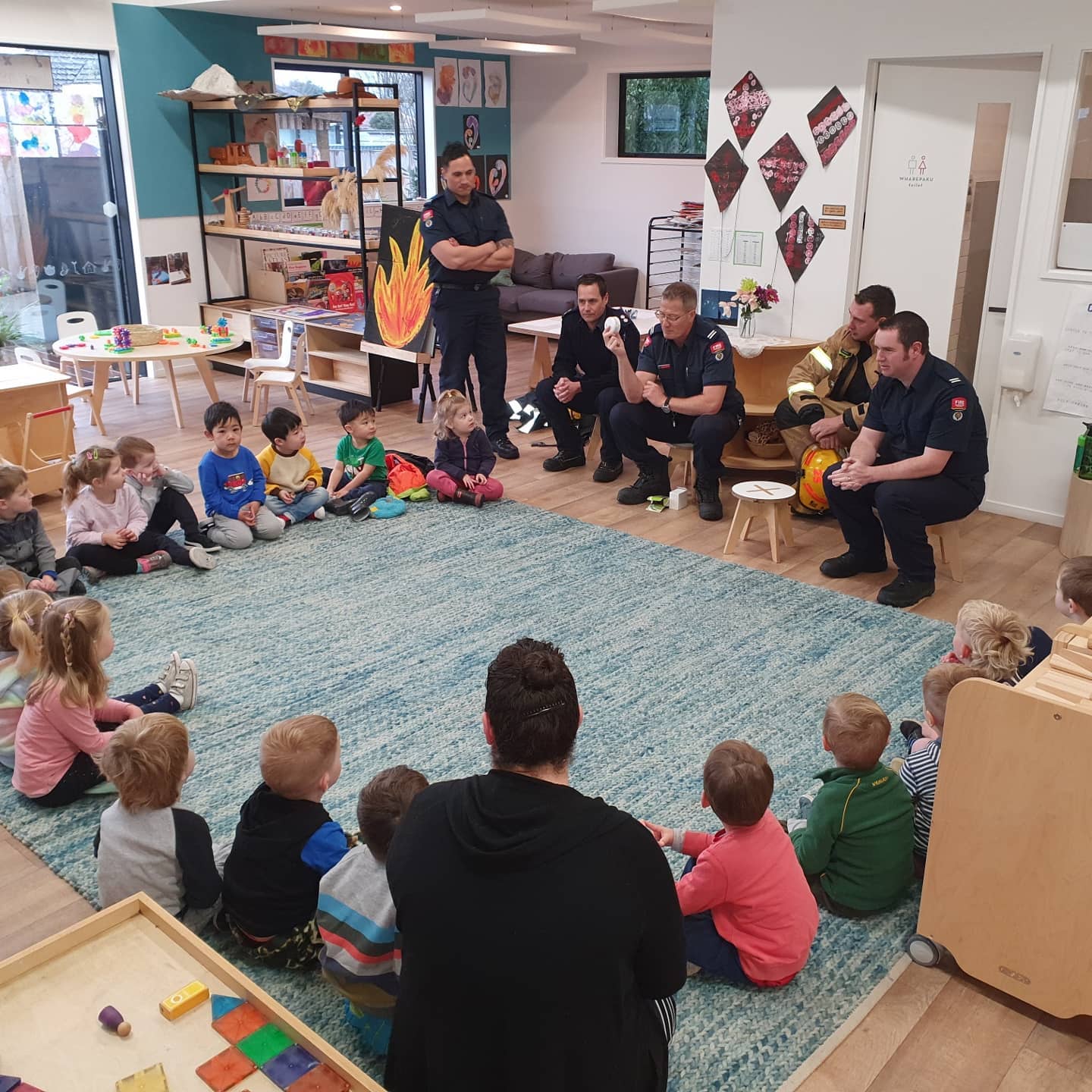 Despite the sleety showers we still had our visit from the Wigram Fire Fighters. Our tamariki just adored having them visit and meet some real life firemen, along with learning about what they wear and what to do in an emergency. The book Nee Naw has been quite popular in our centre lately, throughout, so we thought it would be great to have the local firemen visit. #firenewzealand #neenaw