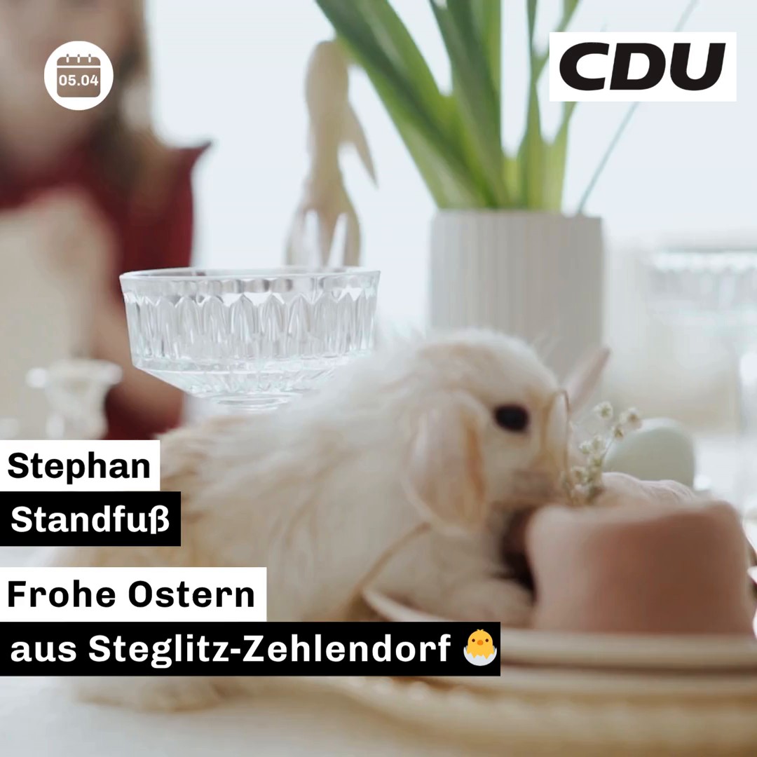 Ostern steht für Hoffnung, Aufbruch und neue Energie. 🌷
Ich wünsche Ihnen und euch ein frohes Osterfest, entspannte Feiertage und schöne Momente mit Familie und Freunden.
Genießen Sie die Zeit – und tanken Sie Kraft für alles, was vor uns liegt. 🌞
👉 Wie verbringt ihr die Feiertage?
.
.
.
.
#FroheOsternBerlin #CDUBerlin #SteglitzZehlendorf